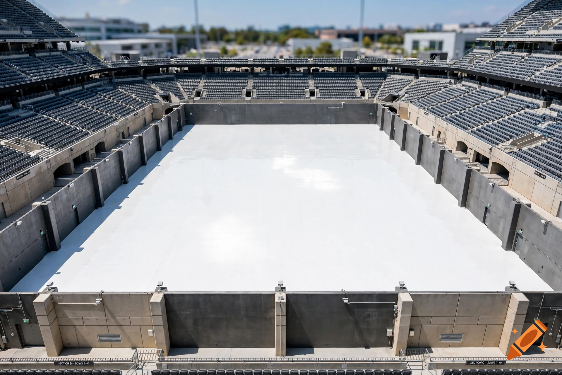 Aerial view of a large combat arena with white floor and grey walls surrounded by empty stadium seats, photorealistic.
