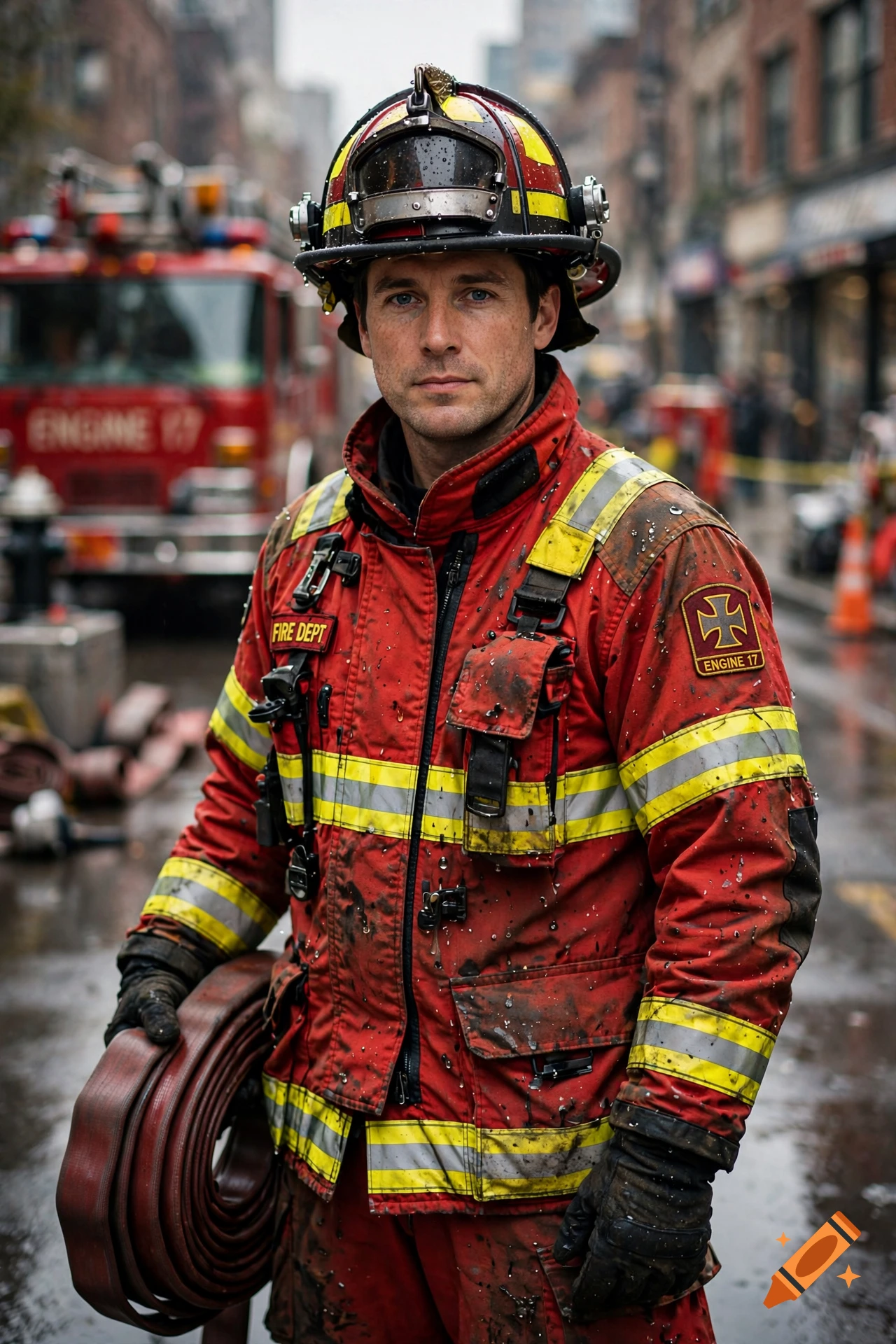 Photorealistic medium shot of a male firefighter in red gear holding a fire hose on a city street.