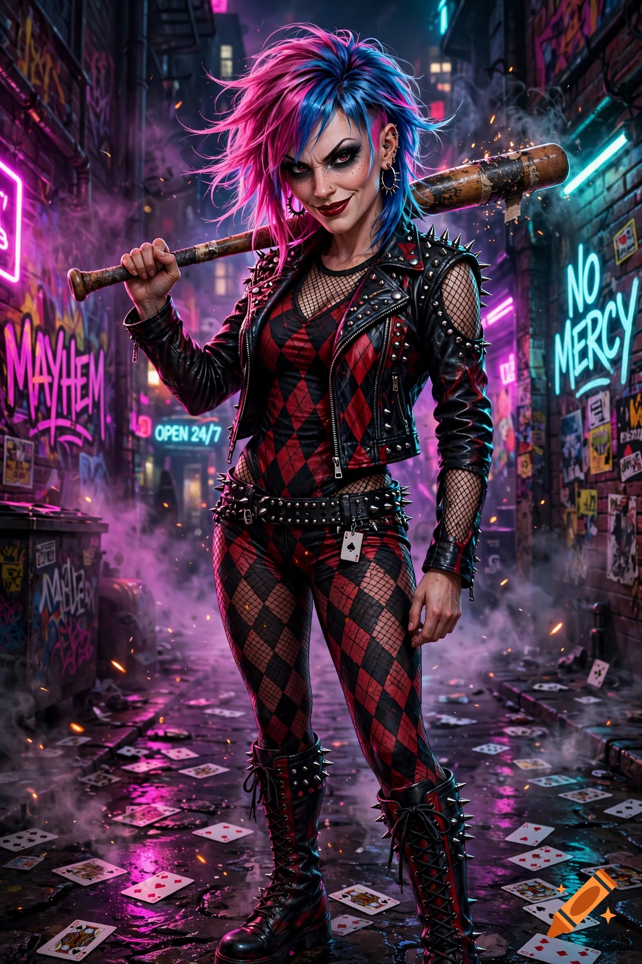 Digital illustration of a punk woman with pink and blue hair, holding a baseball bat in a neon-lit alleyway.