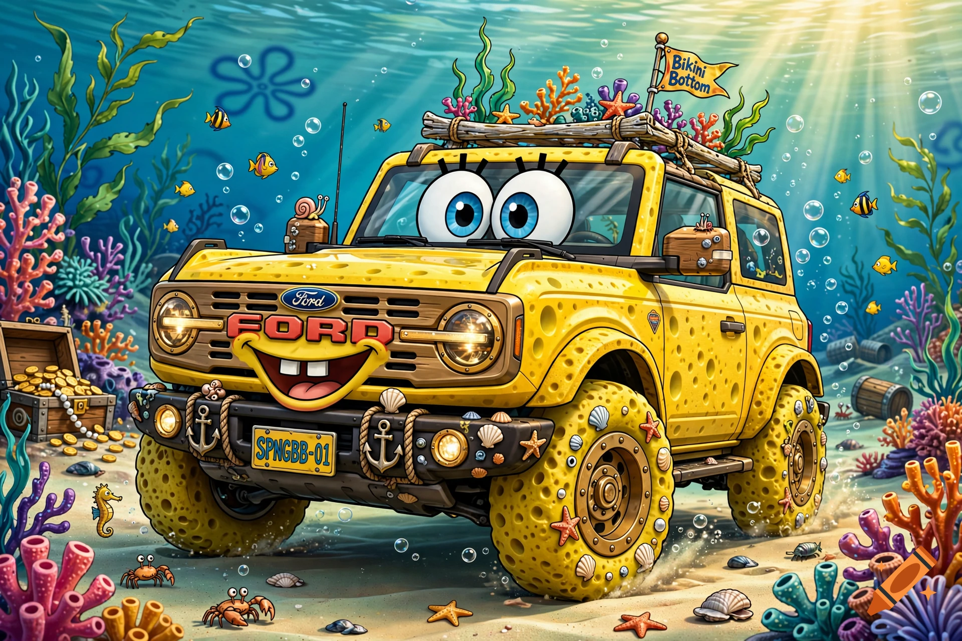 A yellow Ford Bronco styled like SpongeBob SquarePants underwater in Bikini Bottom, detailed cartoon art.