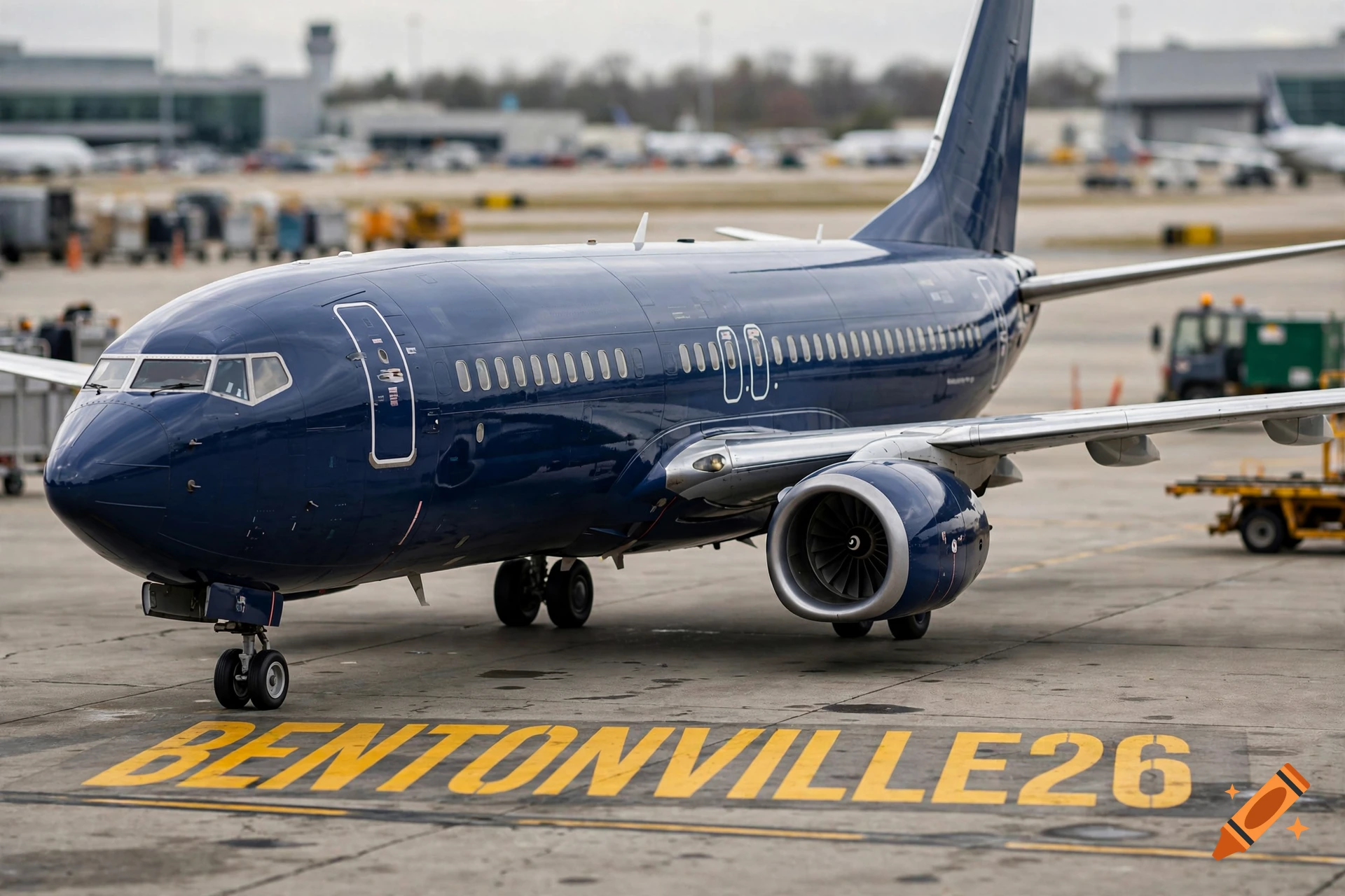 Photorealistic image of a navy blue airplane parked on an airport tarmac with yellow text 'BENTONVILLE26' on the ground.
