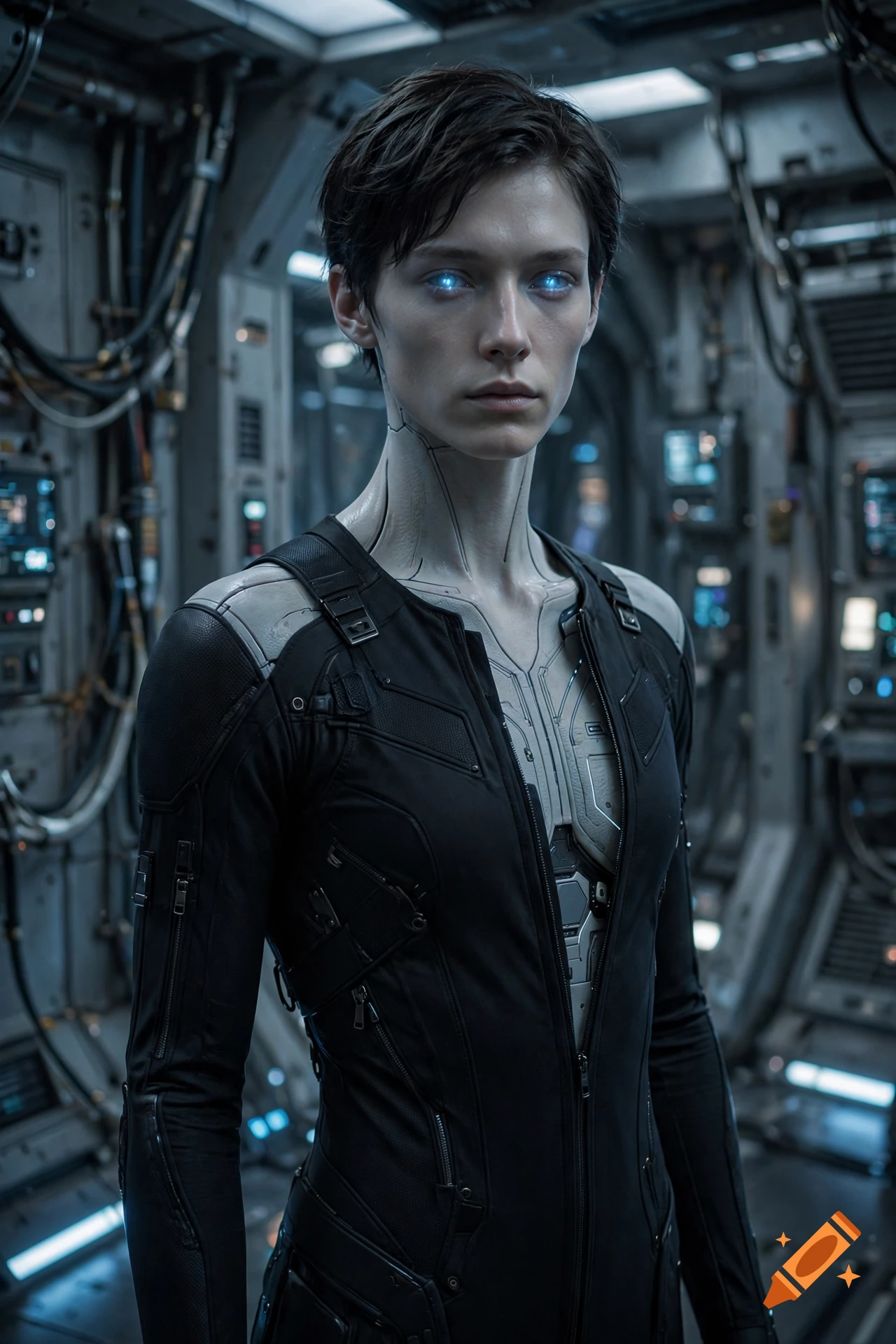 Photorealistic portrait of a sci-fi android with short dark hair, glowing blue eyes, and a partially unzipped black bodysuit in a spaceship corridor.