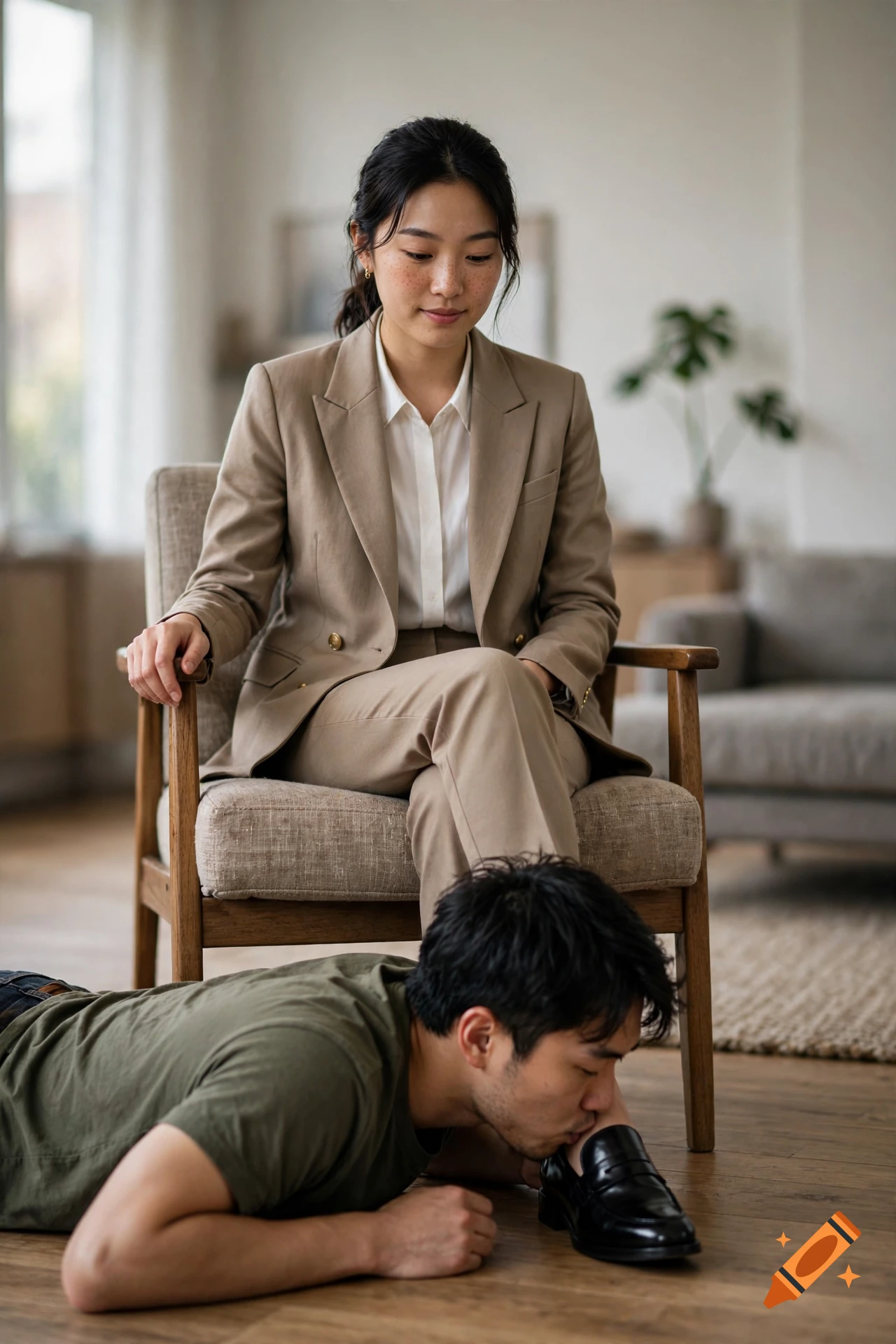 Photorealistic image of a woman sitting in a chair while a man lies on the floor kissing her shoe.