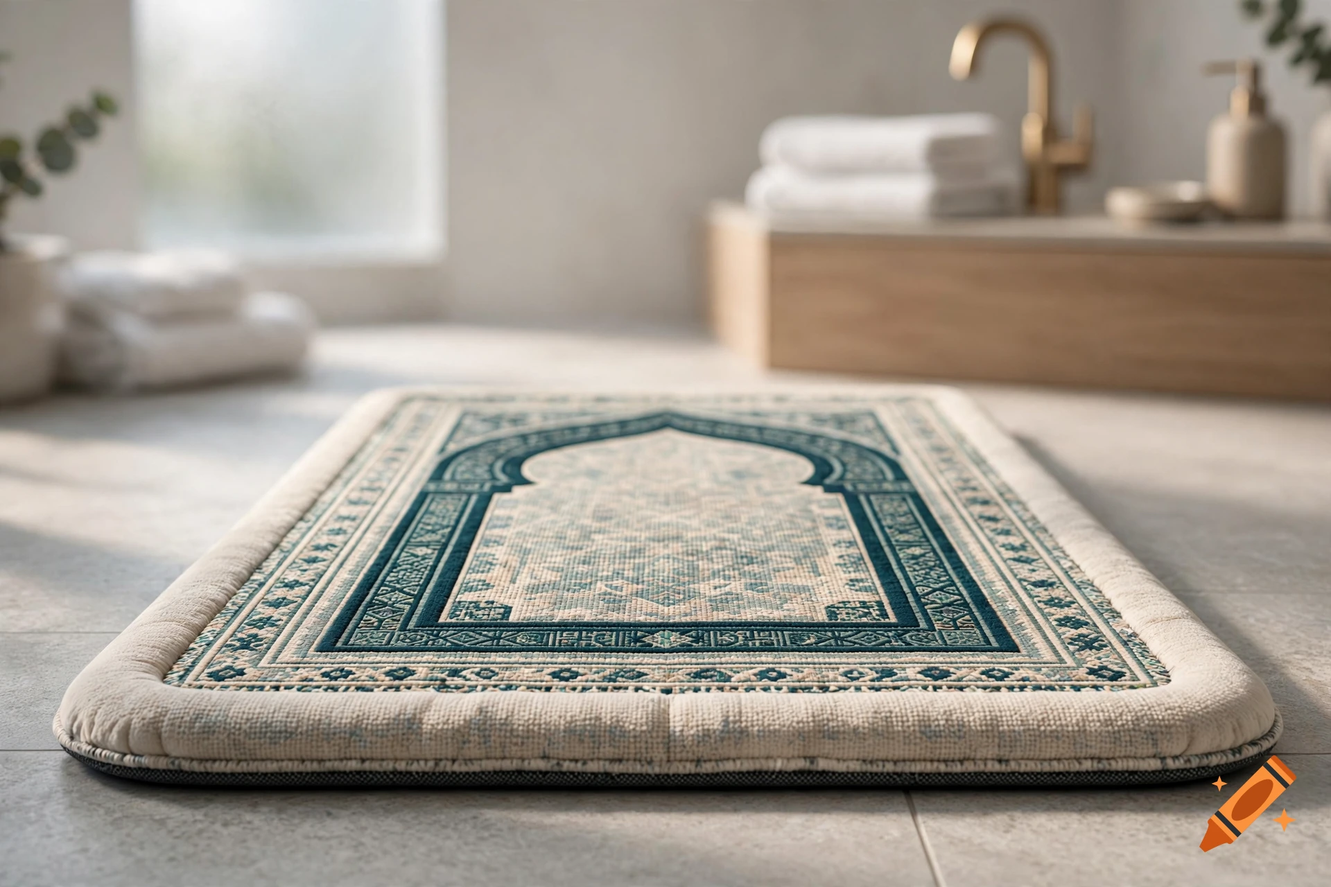 Close-up photorealistic shot of a thick memory foam bath mat styled with traditional Islamic prayer rug patterns on a tiled floor.