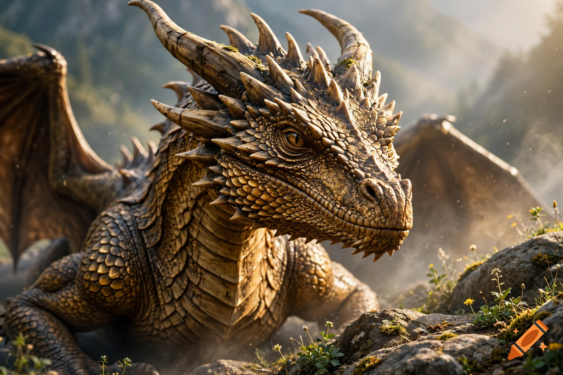Close-up of a detailed golden and bronze scaled dragon with sharp horns resting among rocky terrain and tiny yellow flowers.