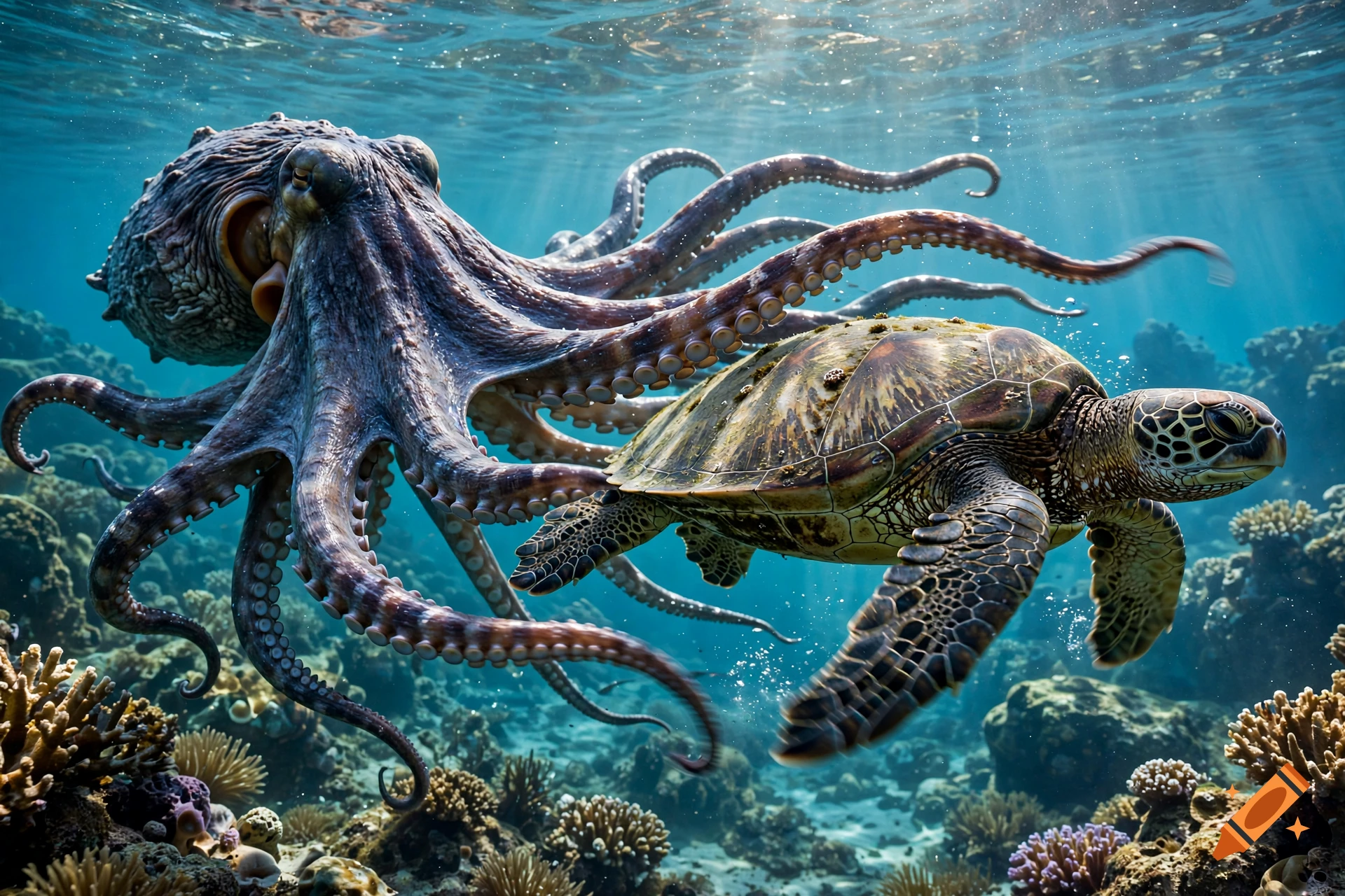 Photorealistic underwater view of a large octopus and a sea turtle swimming together near a coral reef.