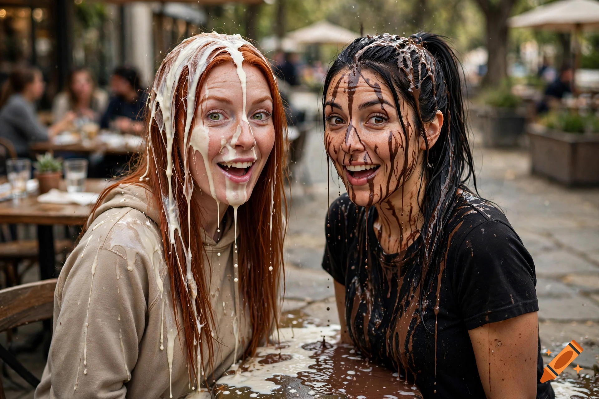 Photorealistic image of two young women smiling with milkshakes poured over their heads, outdoors at a cafe.