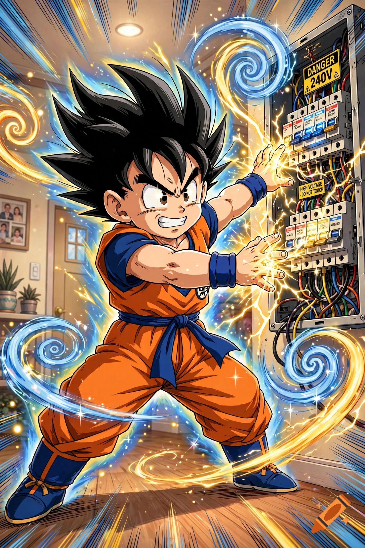 Anime illustration of Goten from Dragon Ball Z performing a fusion-like technique with an electrical circuit breaker panel.