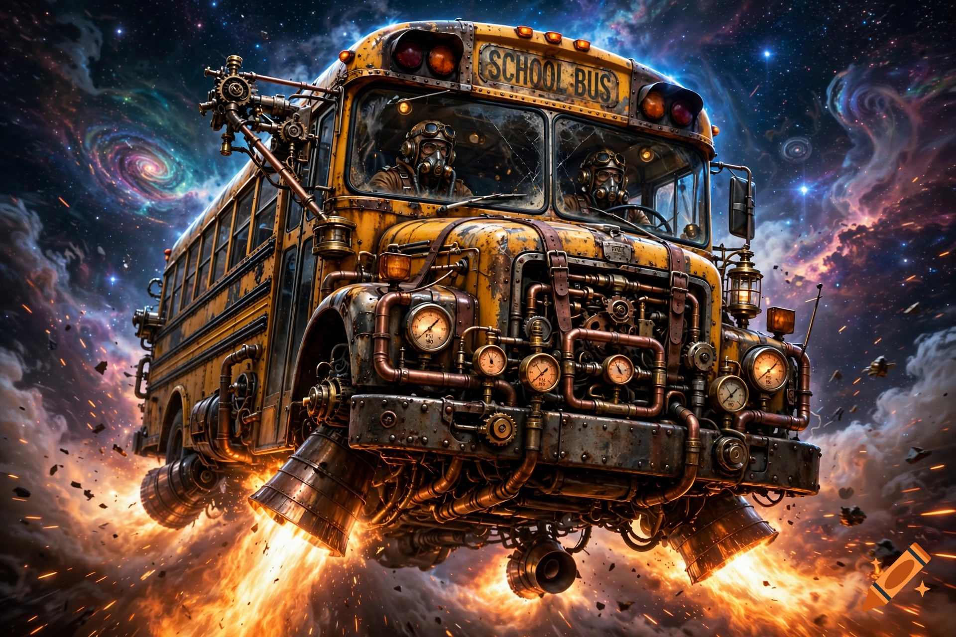 Steampunk school bus flying through space with rocket boosters and stars in the background.