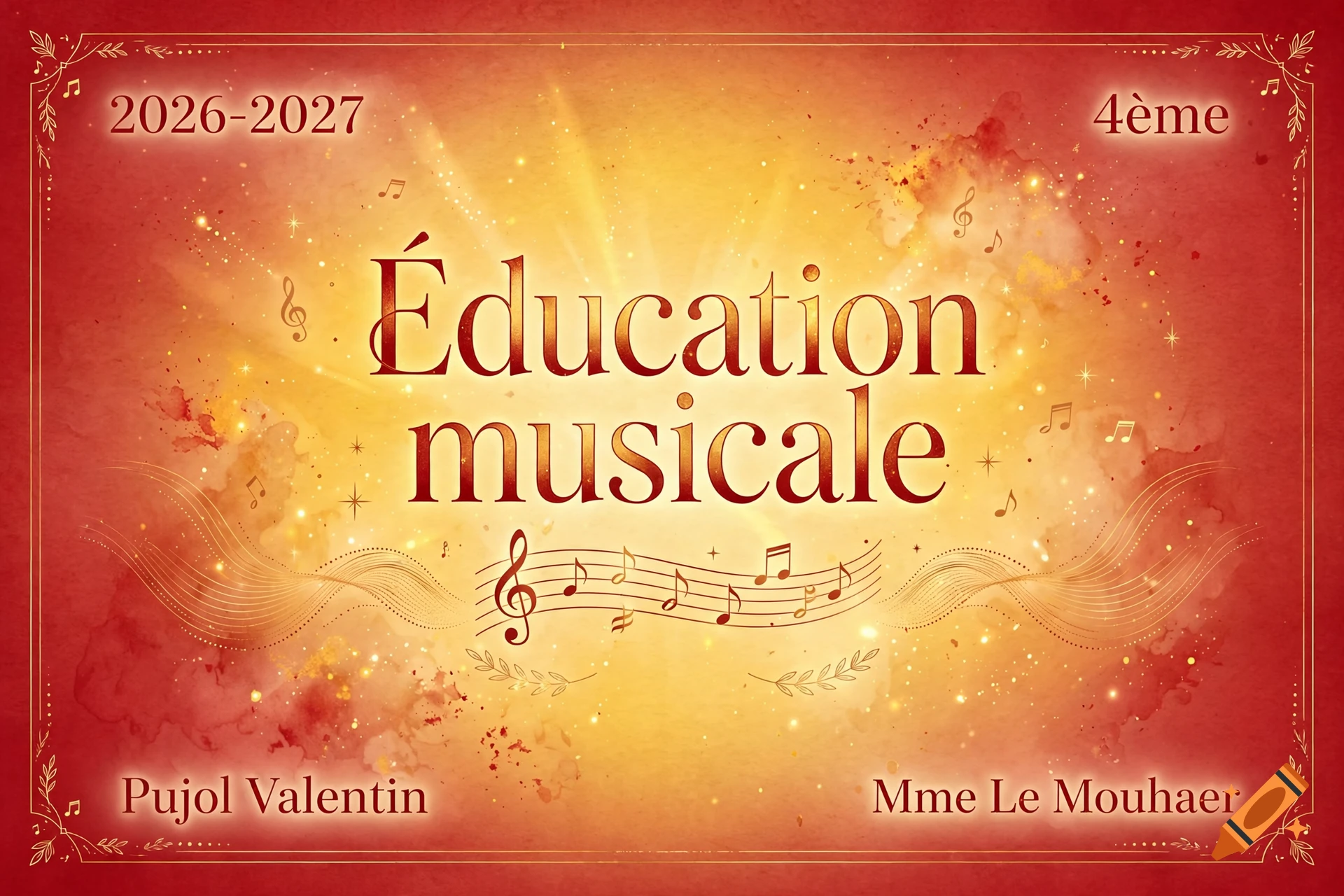 Musical education cover page with red and yellow gradient background, music notes, and text.