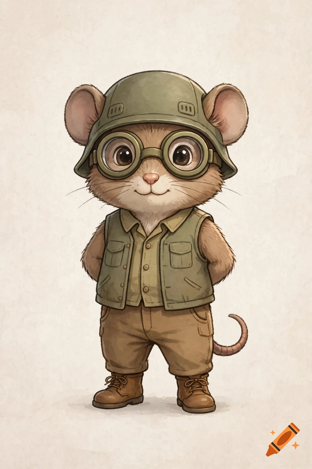 Concept art illustration of a cute anthropomorphic mouse standing on hind legs, wearing a military helmet, goggles, and vest.