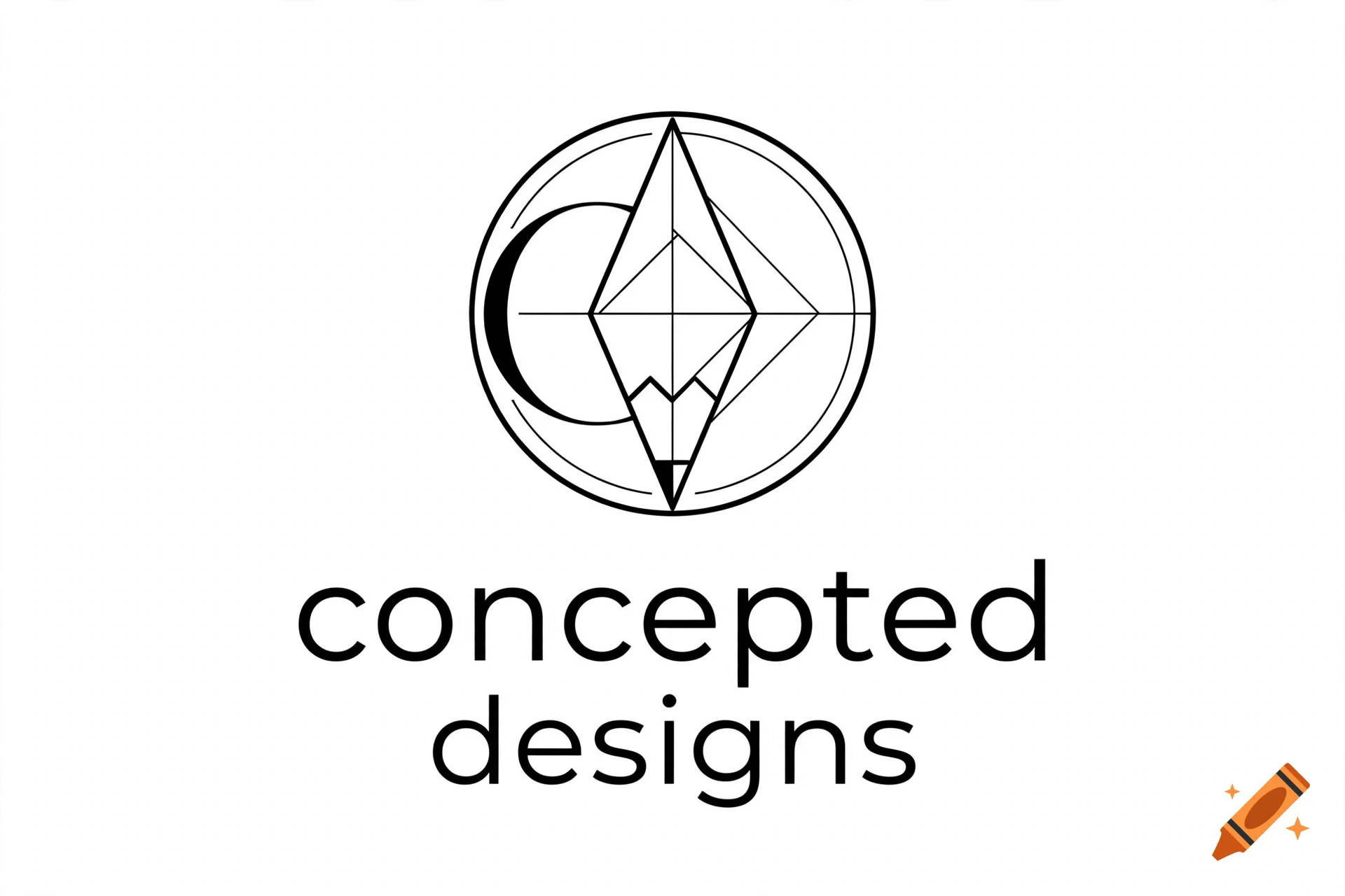 Minimalist black and white logo with geometric pencil and moon design, accompanied by the text concepted designs.