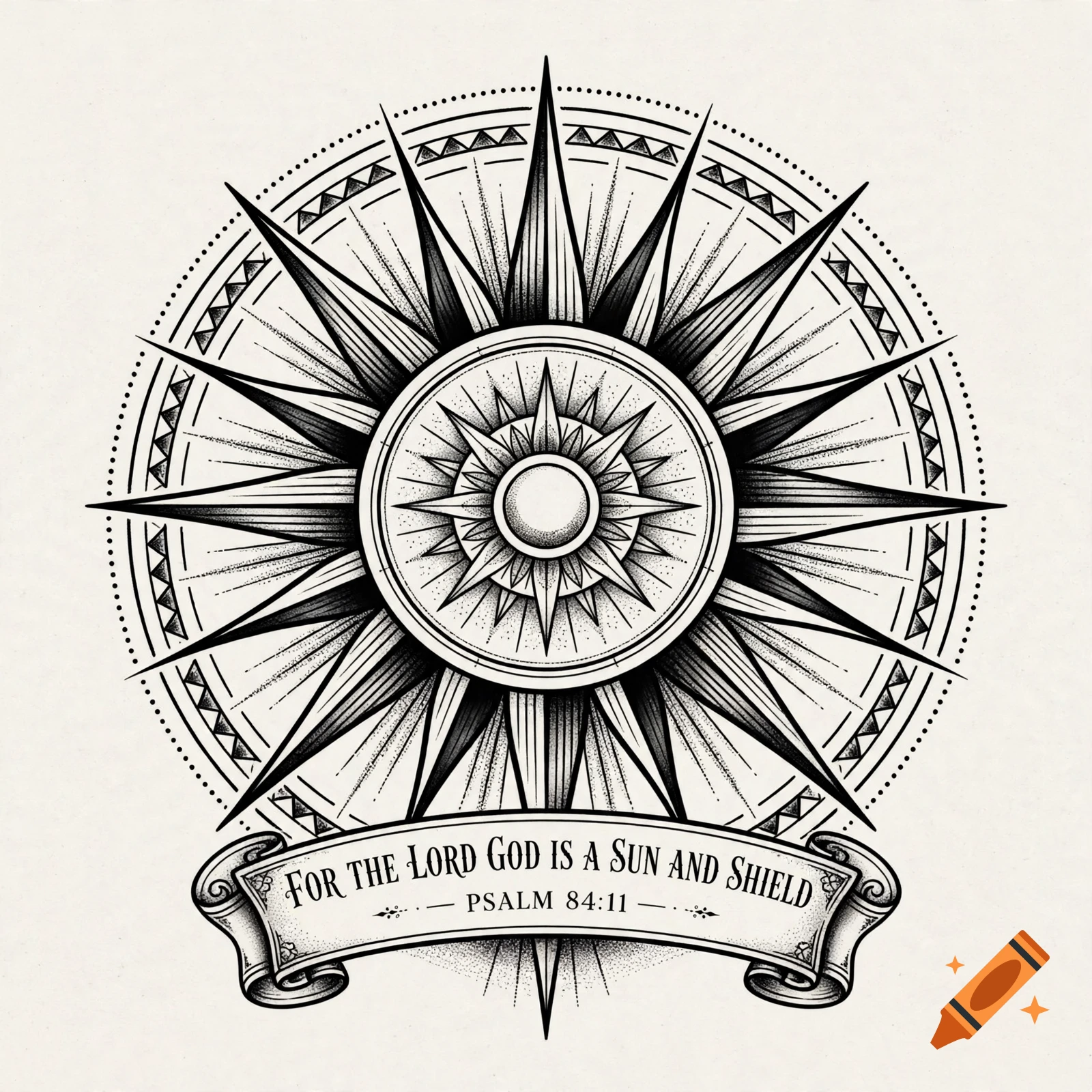 Black and white tattoo design of a stylized compass star with a banner reading 'For the Lord God is a sun and shield Psalm 84:11'.