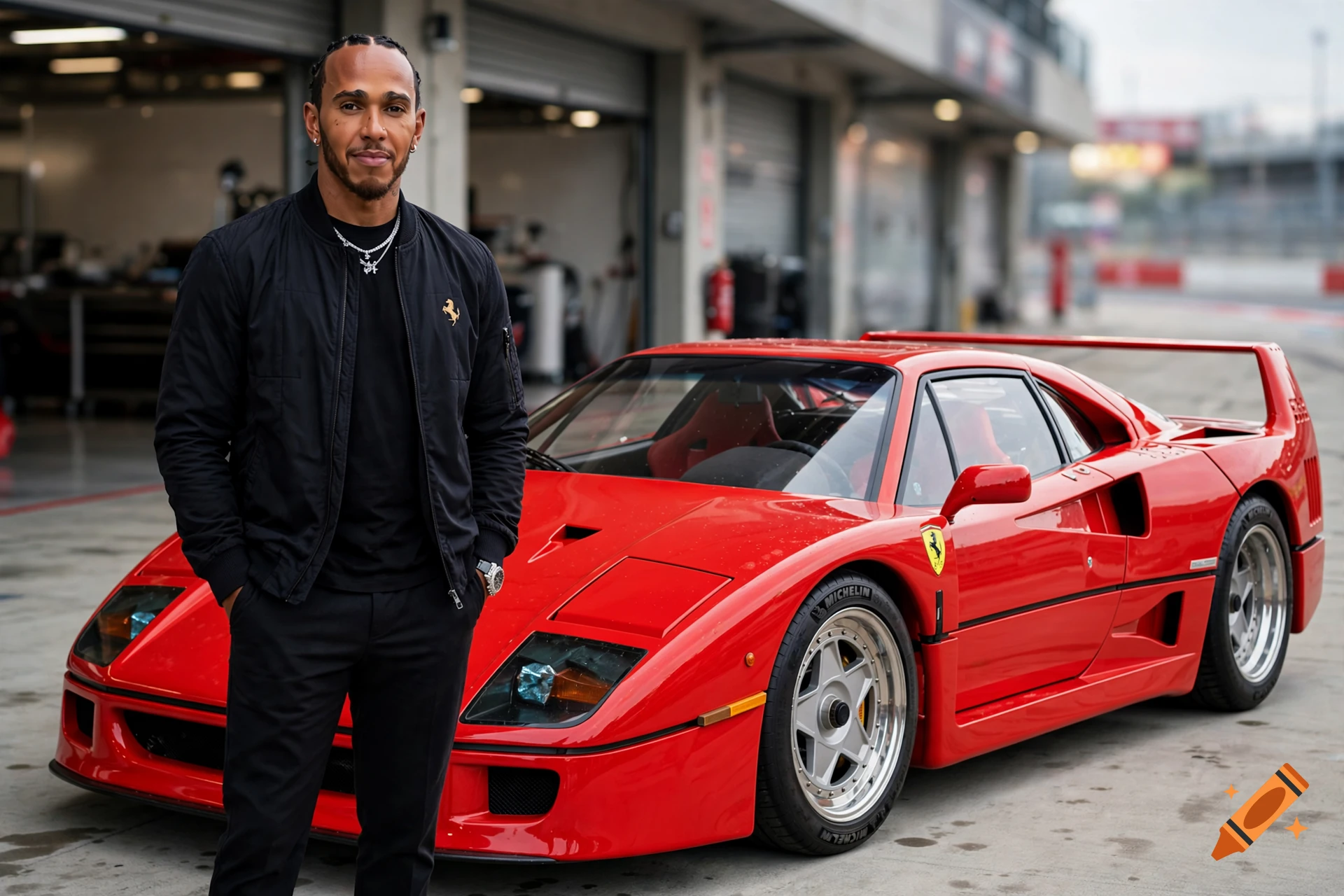 Photorealistic image of Lewis Hamilton standing next to a classic red Ferrari F40 in a pit lane.