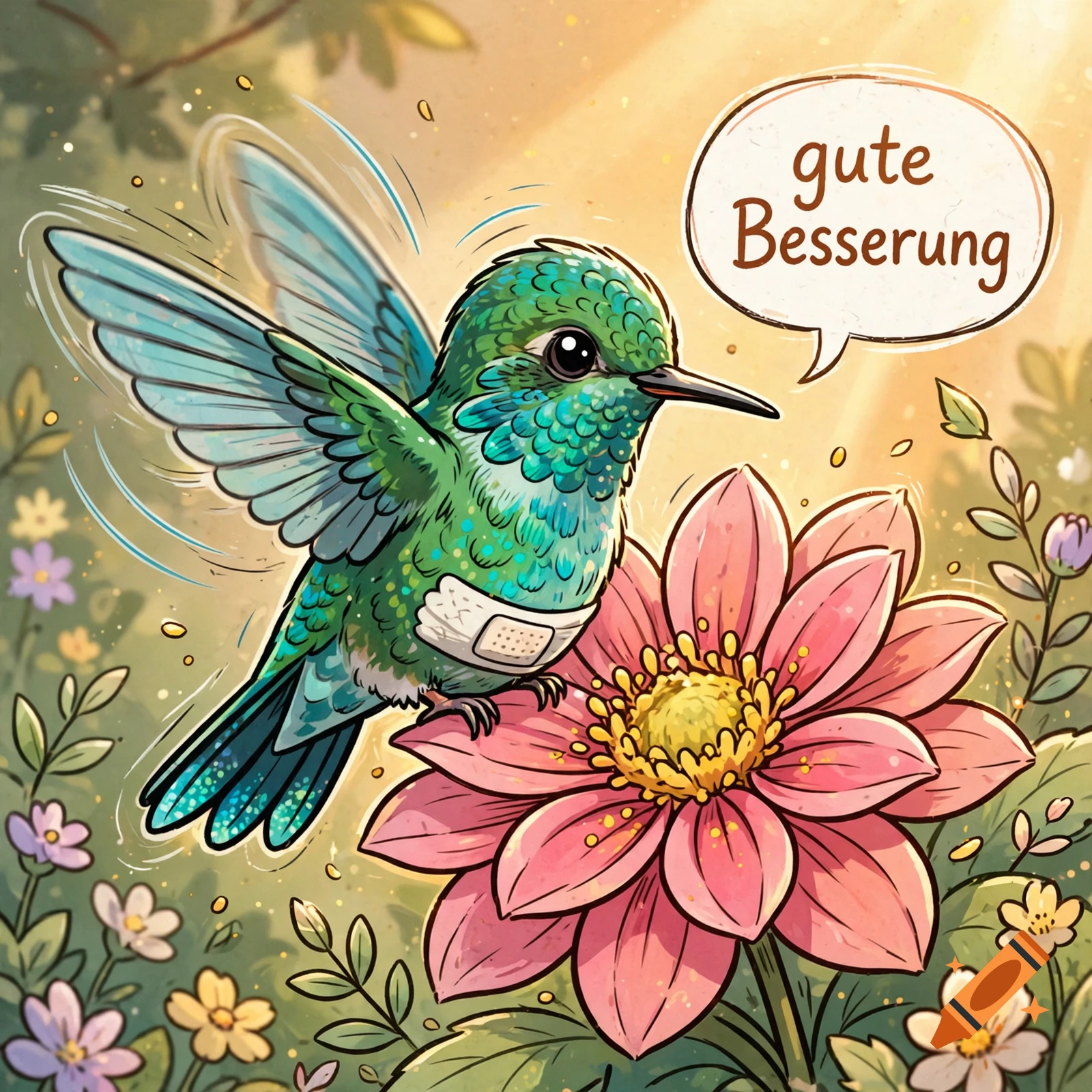 Comic-style illustration of a cute green hummingbird with a band-aid on its belly sitting on a pink flower, with a speech bubble saying 'gute Besserung'.