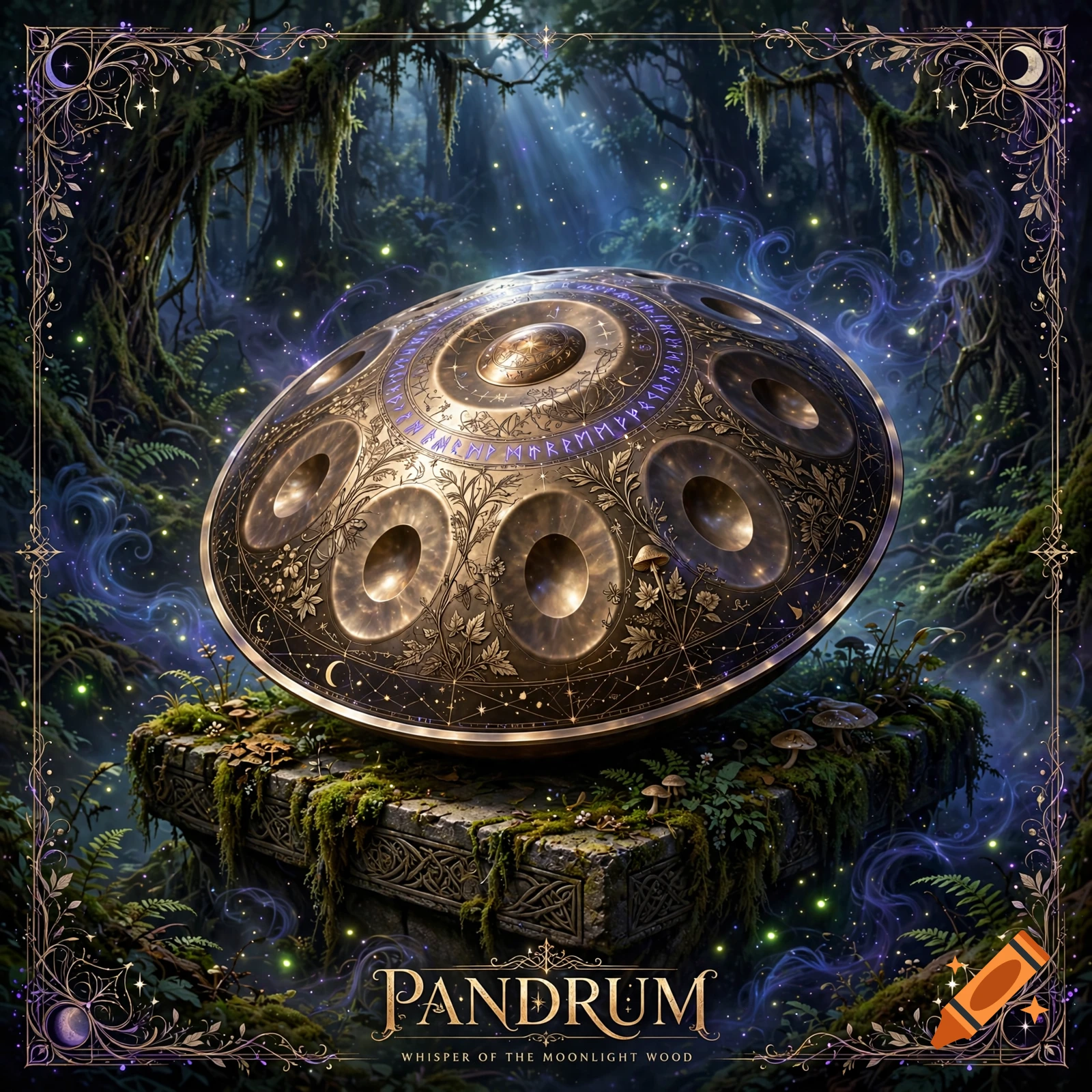 Fantasy album cover featuring a ornate metallic handpan resting on a mossy stone altar in a mystical forest with magical glowing lights.