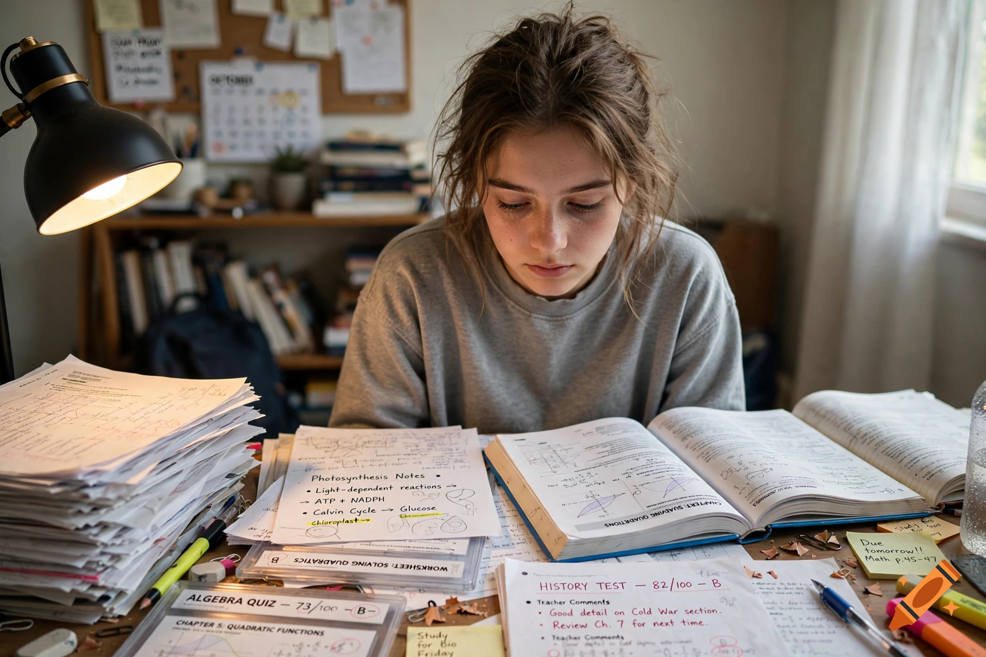 Photorealistic image of a stressed young woman sitting at a desk piled high with homework, tests, and open textbooks.