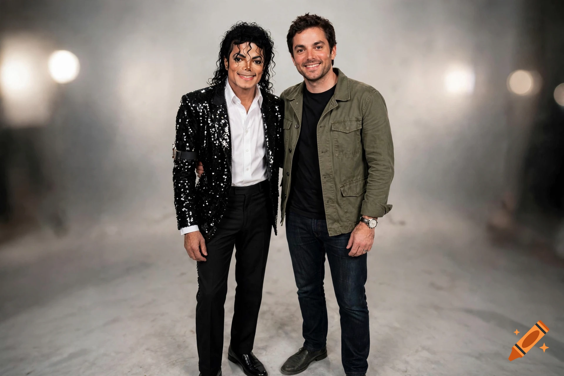 Photorealistic image of Michael Jackson standing beside a man in a gray jacket against a neutral studio background.