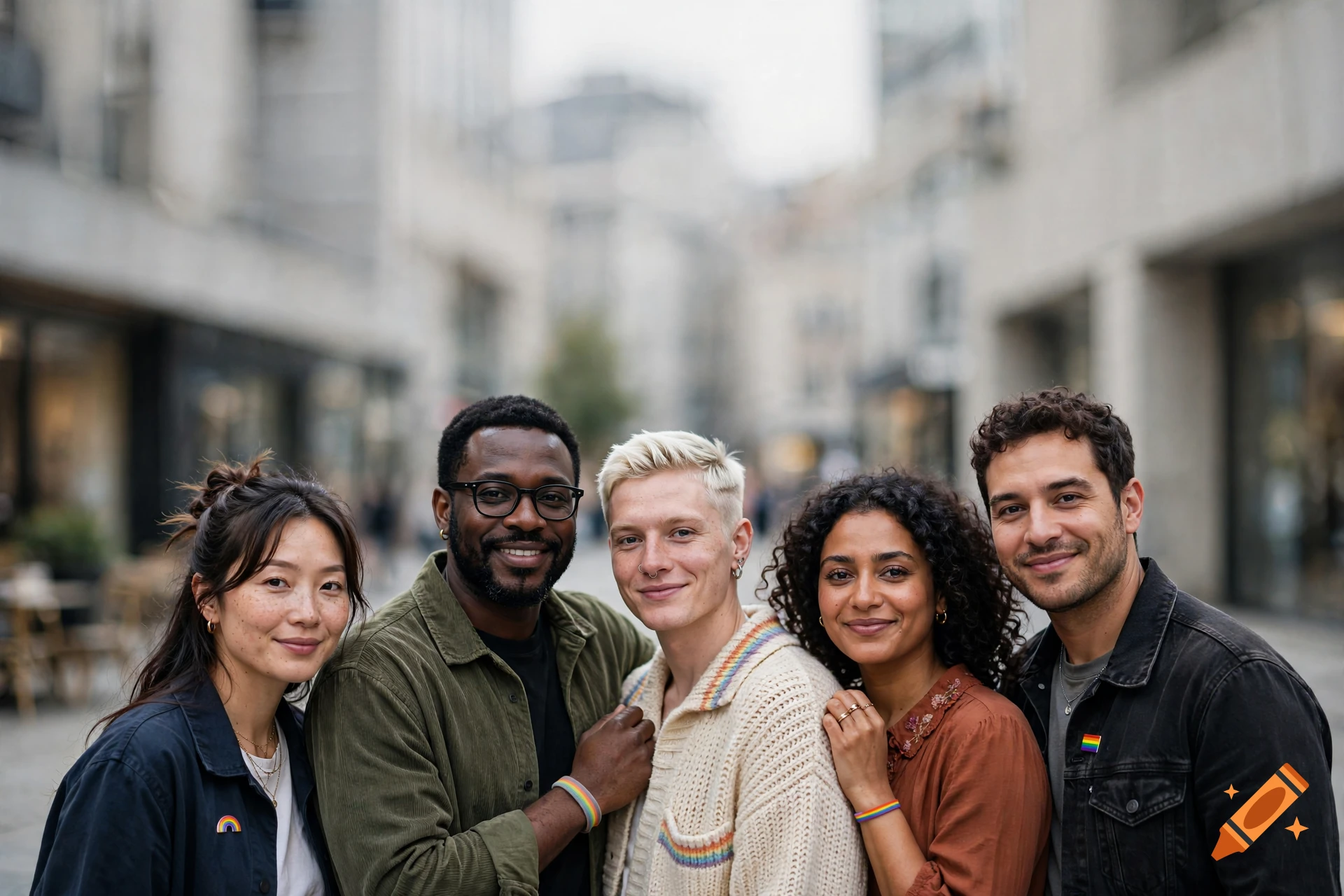 A diverse group of five smiling young adults standing closely together outdoors on a city street.