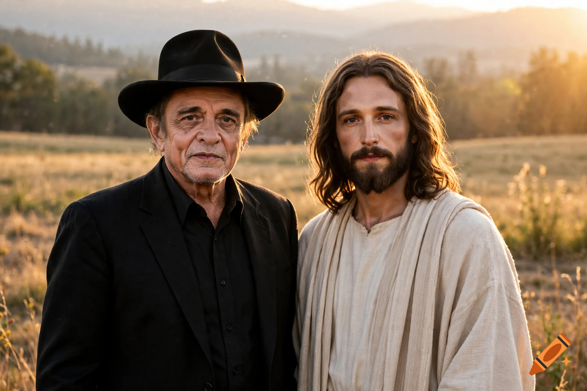 Photorealistic portrait of Johnny Cash in a black suit and hat standing next to Jesus in a white robe in a grassy field at sunset.