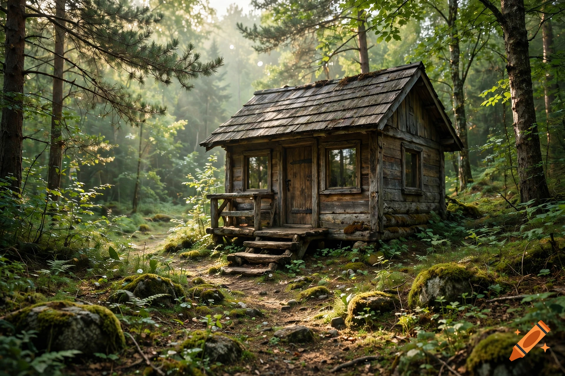 Photorealistic wooden cabin nestled in a lush, mossy forest with sunlight filtering through the trees.