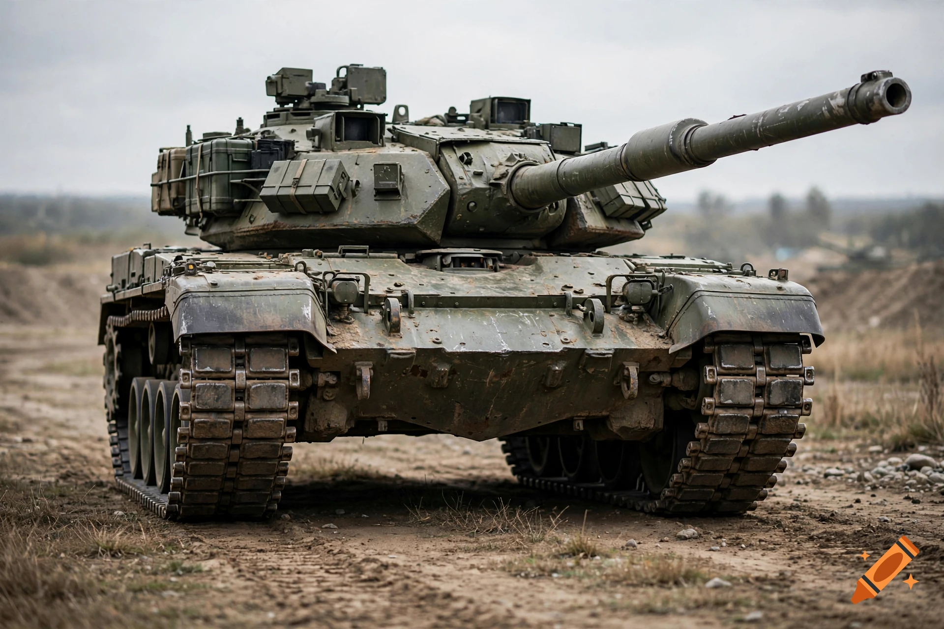 Photorealistic image of a military battle tank parked on dirt terrain under an overcast sky.