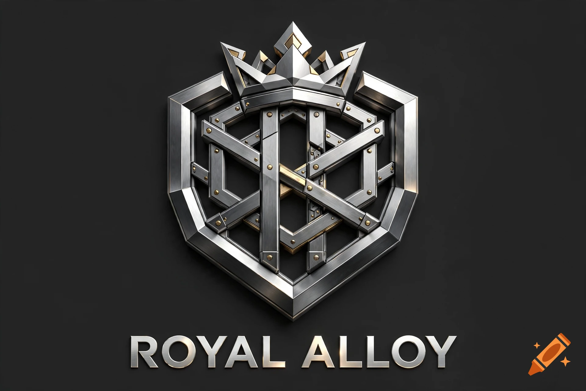 3D metallic royal alloy logo with shield and crown on a dark background