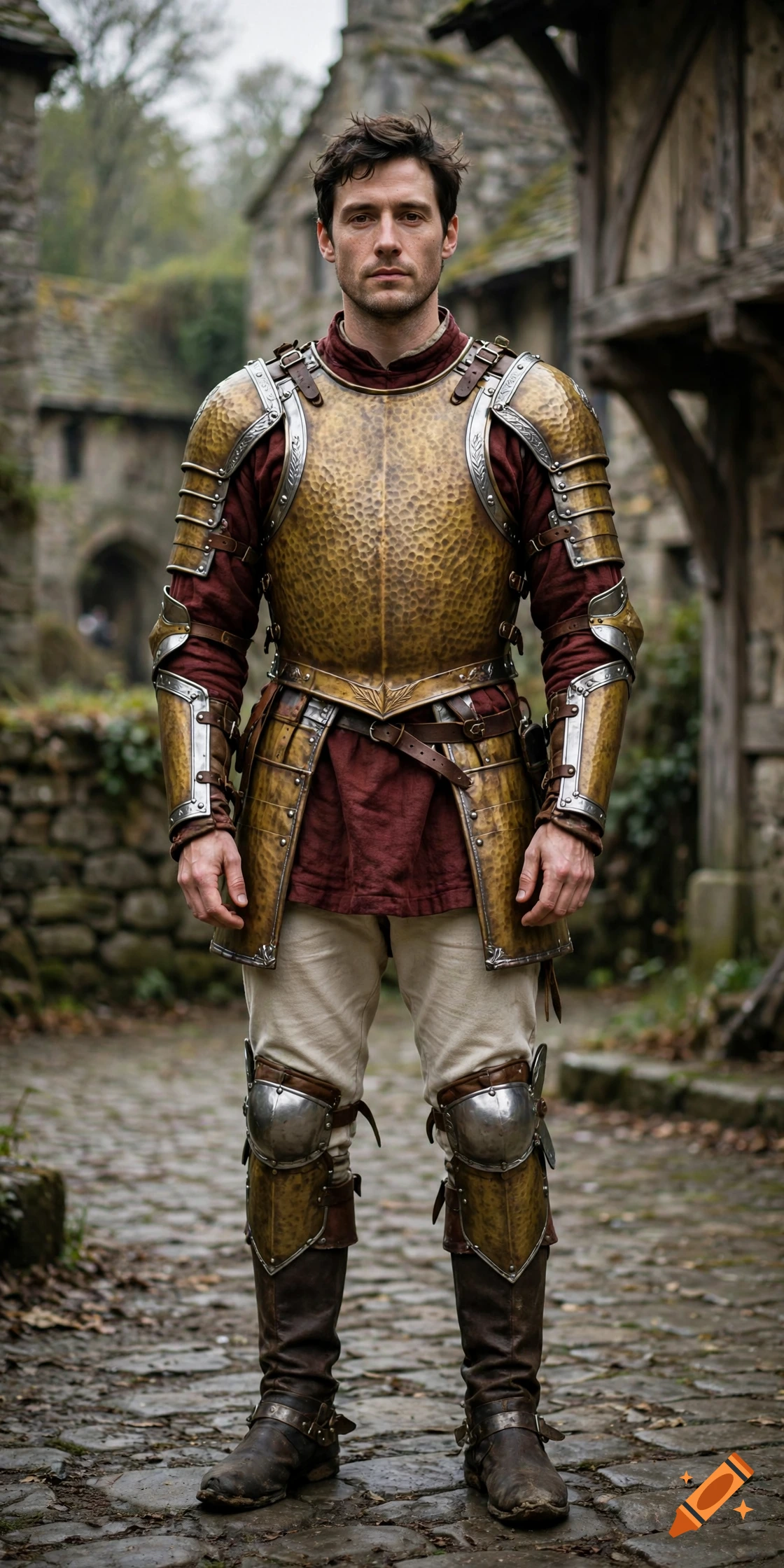 Photorealistic full-body portrait of a man standing in a medieval village wearing yellowish brown armor with silver accents over a burgundy tunic.