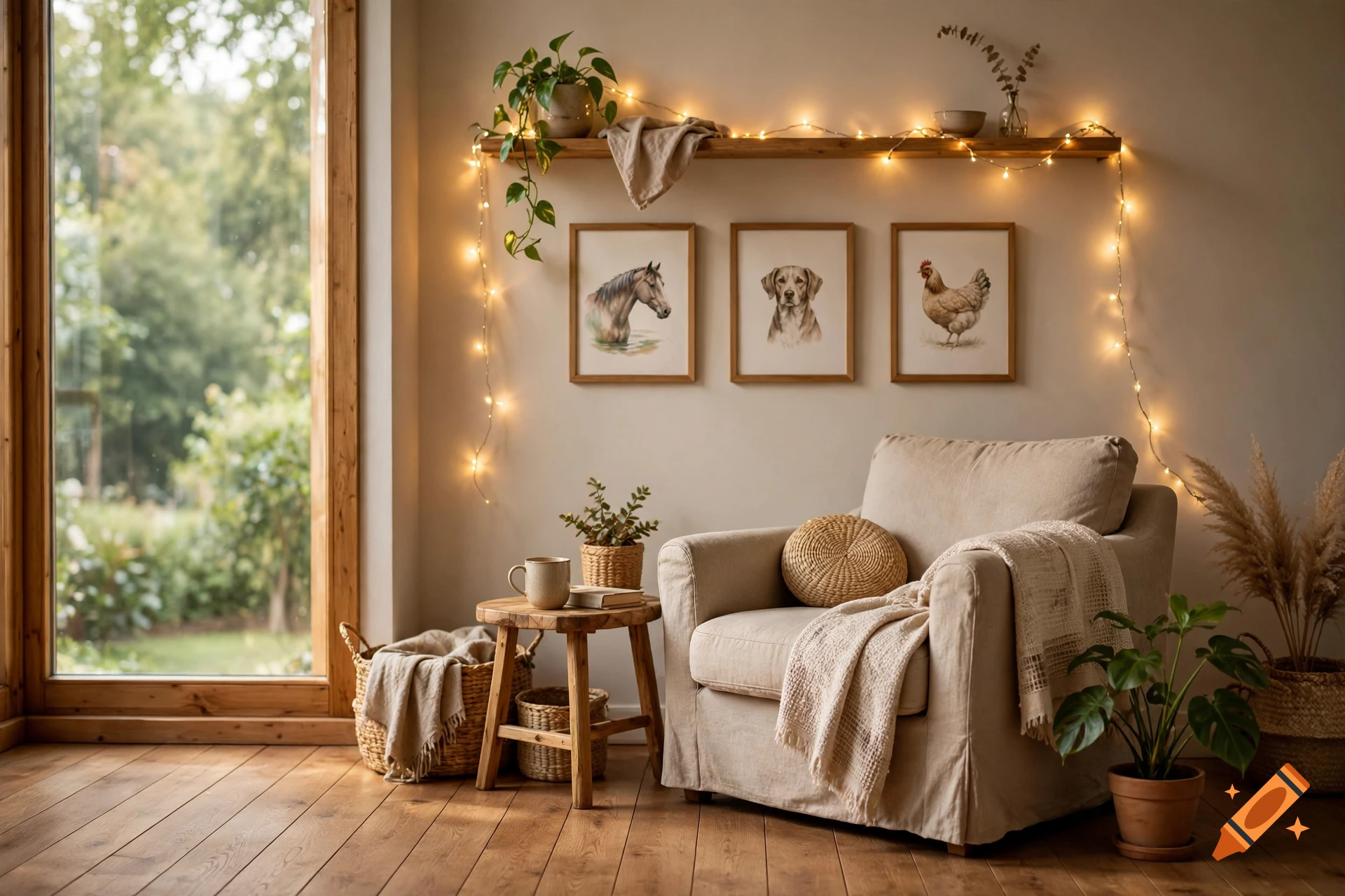 Cozy living room with a beige armchair, wooden stool, fairy lights, framed animal art, and indoor plants.