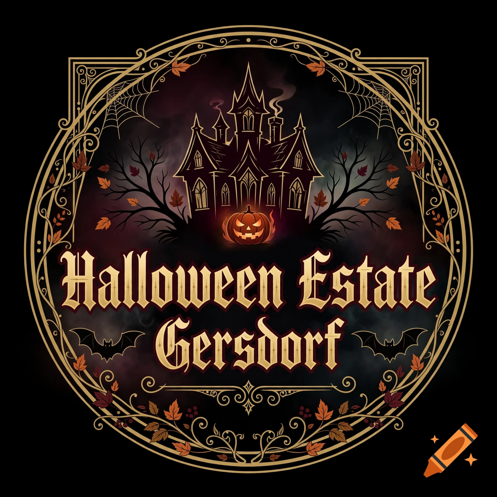 Halloween-style circular logo featuring a spooky castle, a pumpkin, bats, and the text Halloween Estate Gersdorf in gothic font.