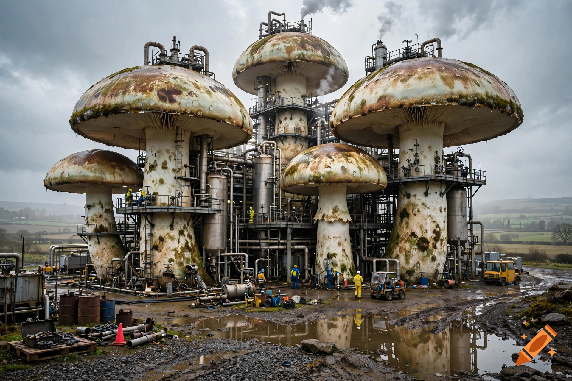Photorealistic image of a large industrial refinery composed of gigantic, weathered mushrooms under a cloudy sky.
