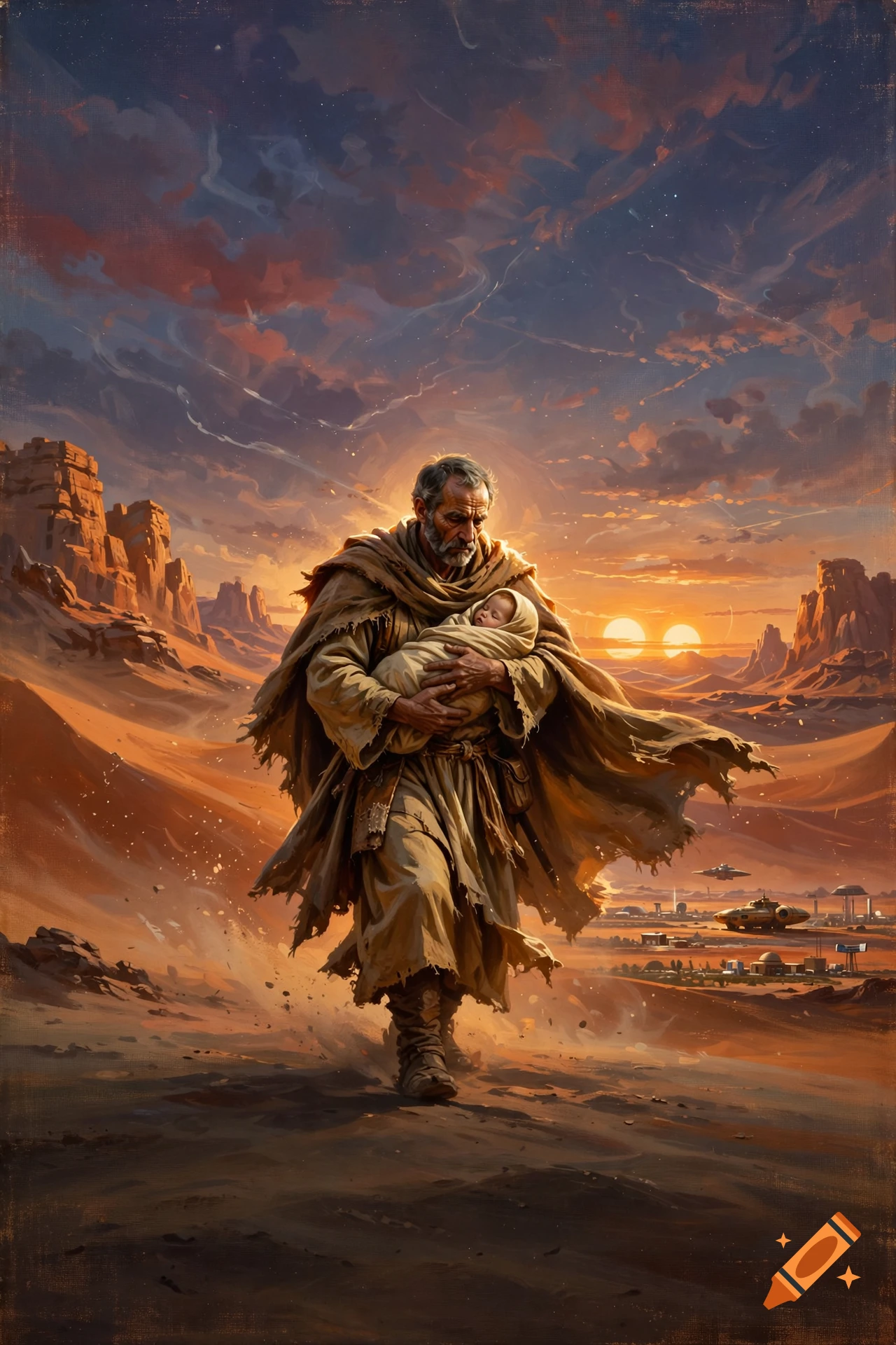 An elderly robed man walking across a desert landscape at sunset, carrying a baby wrapped in cloth, in an illustrated painting style.
