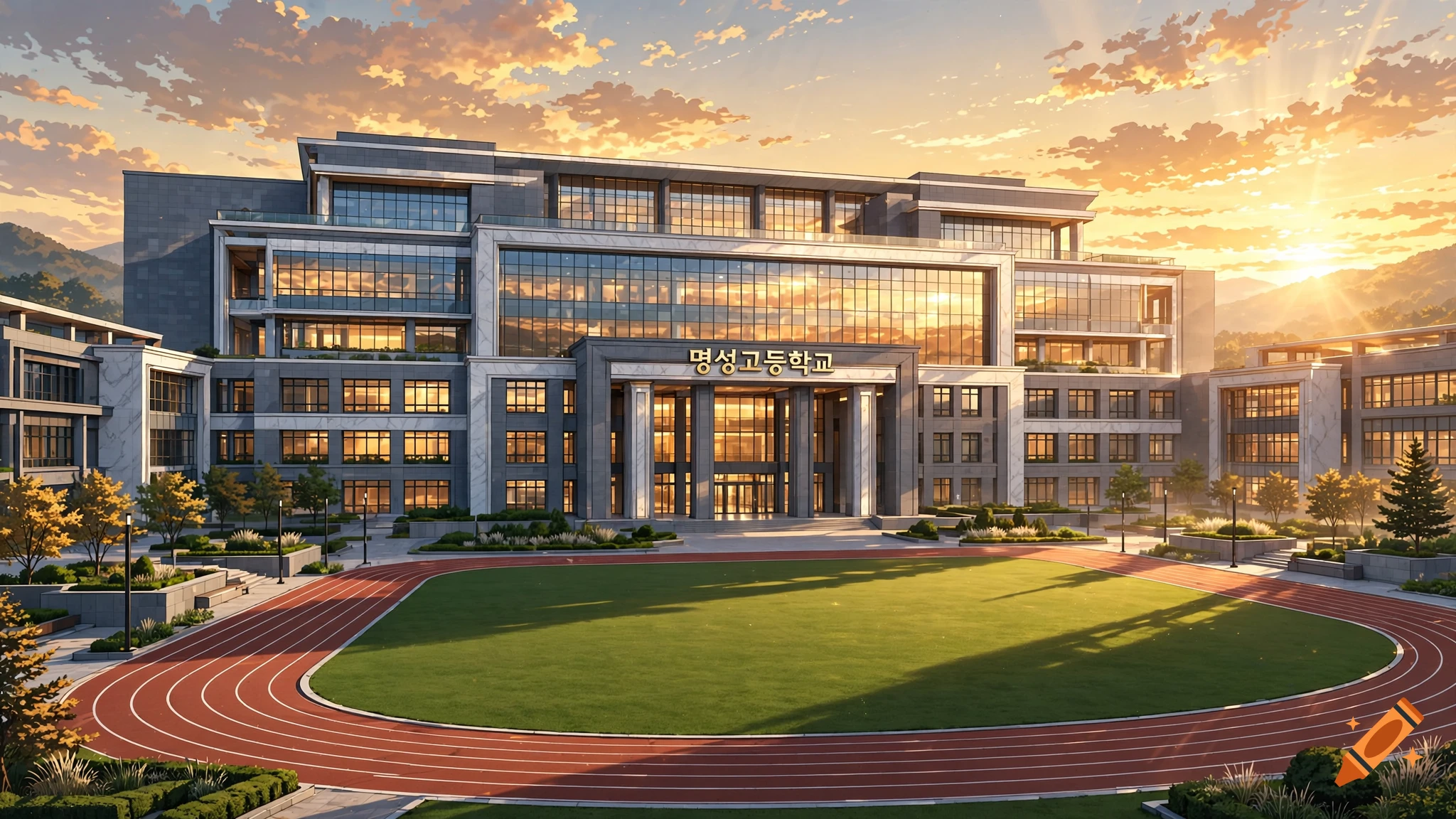 Exterior view of an ultra-modern luxury high school with a running track under a sunset sky, anime art style.