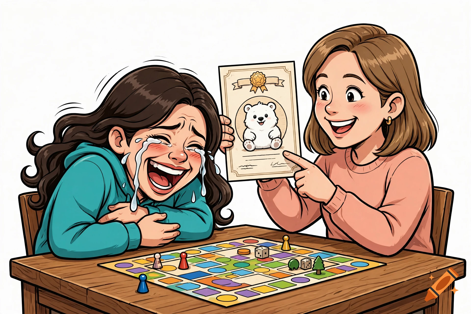 2D cartoon of two young women playing a board game, one laughing hysterically while the other holds up an adoption certificate.