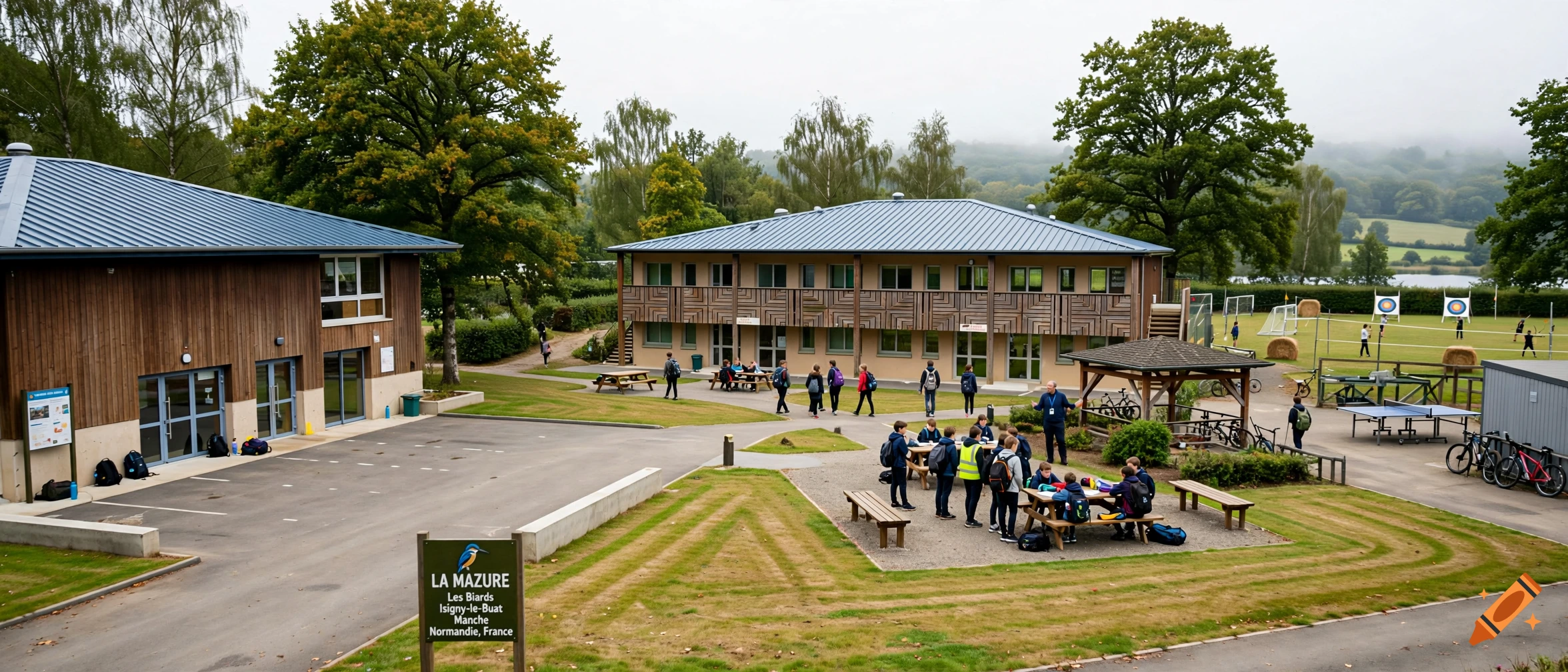 Photorealistic panoramic view of La Mazure holiday center in France, with buildings, green lawns, and groups of students.