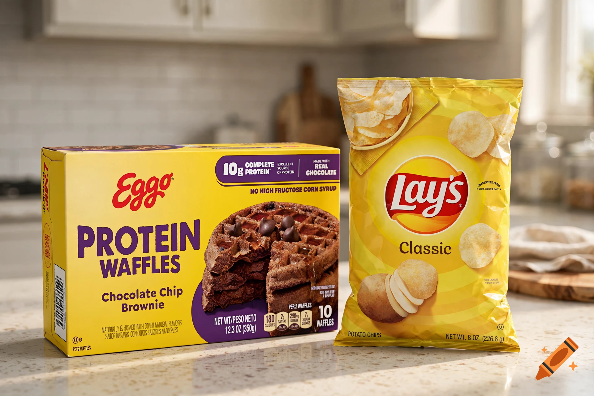 Photorealistic image of an Eggo protein waffle box and a bag of Lay's classic potato chips on a kitchen counter.