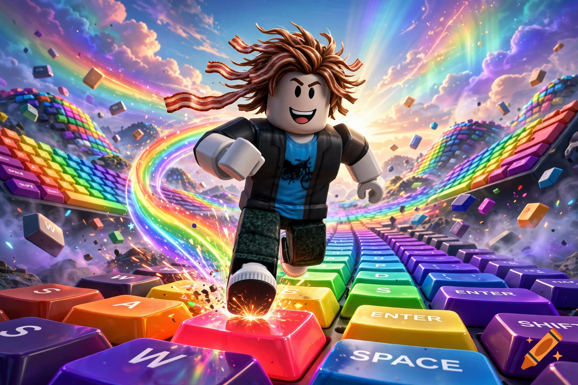 3D digital illustration of a Roblox bacon hair character running across a giant keyboard made of colorful rainbow keys under a cloudy sky.
