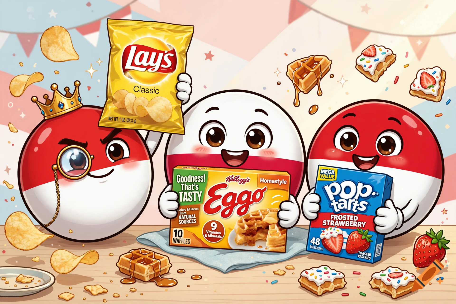 Digital illustration of three countryballs holding Lay's chips, Eggo waffles, and Pop-Tarts in a cheerful setting.