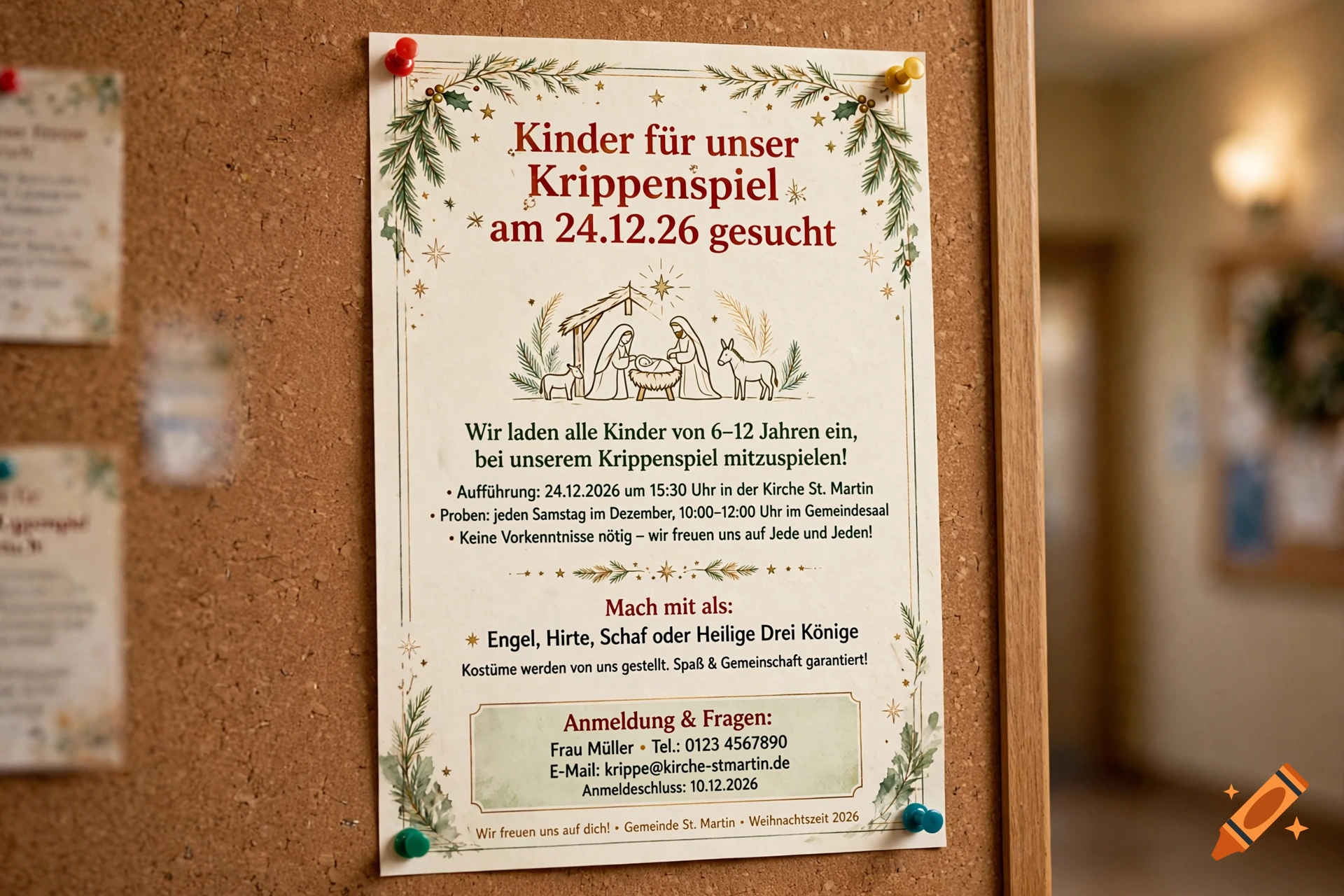 A Christmas nativity play search flyer pinned to a corkboard.