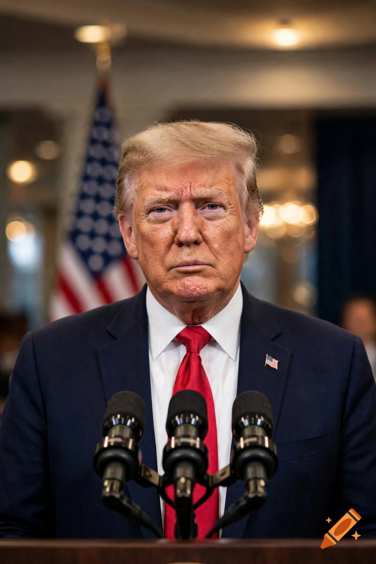 Photorealistic portrait of Donald Trump standing at a podium with microphones and an American flag in the background.