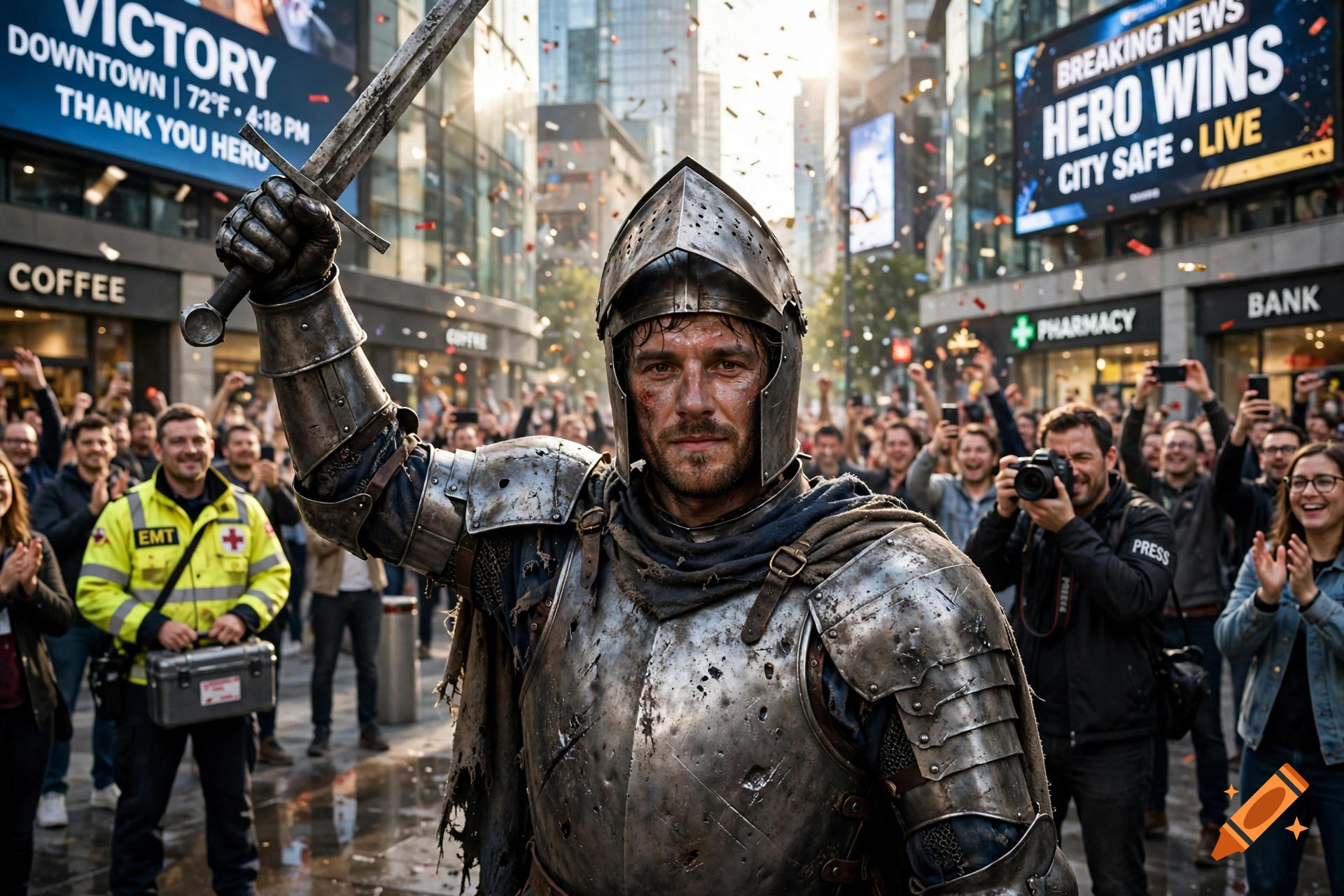 Photorealistic image of a medieval knight in armor holding a sword aloft in a modern city square, cheered by a crowd.