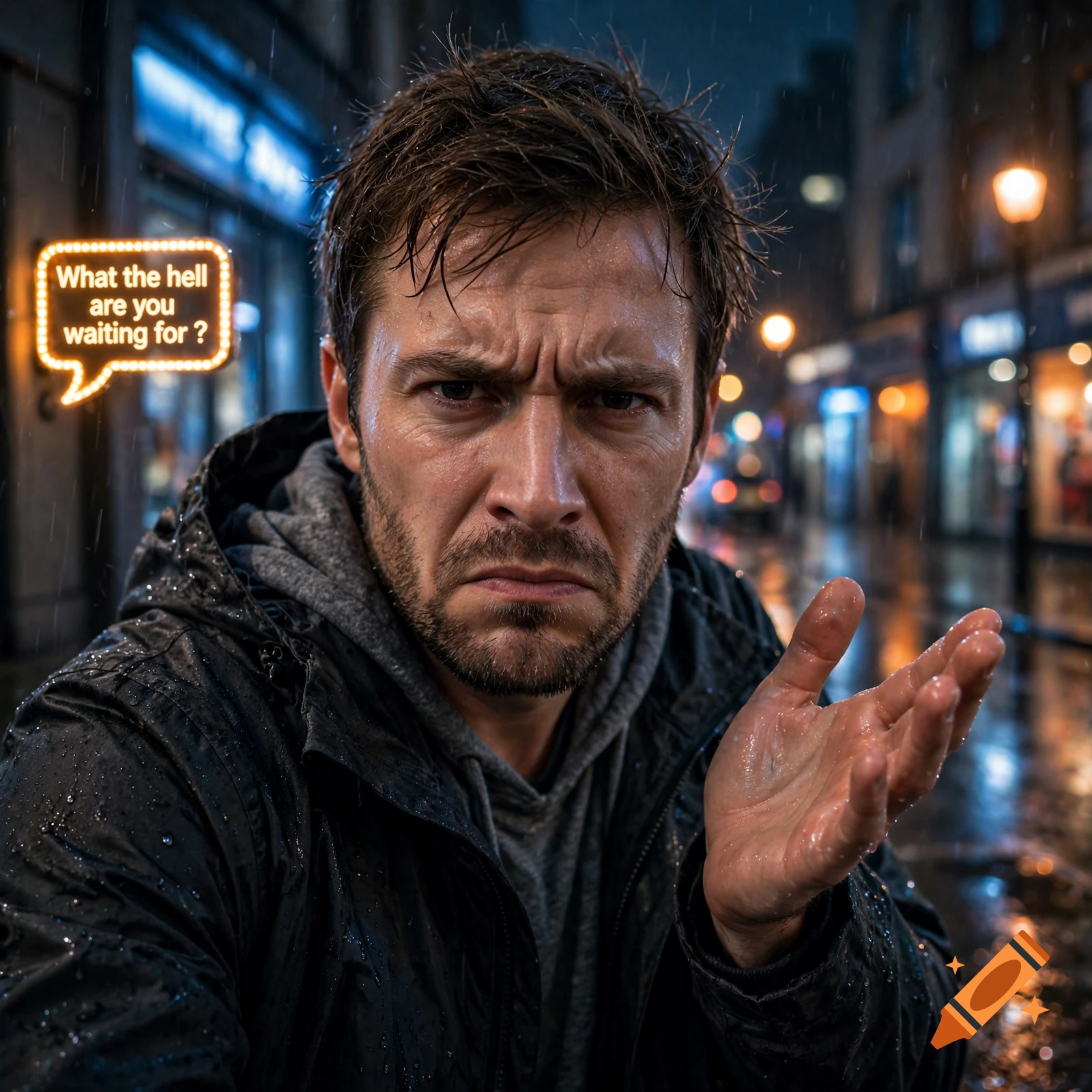 Close-up photorealistic shot of an annoyed, wet man in a rainy city street at night, gesturing with an open hand, with a speech bubble showing the text 'What the hell are you waiting for ?'.