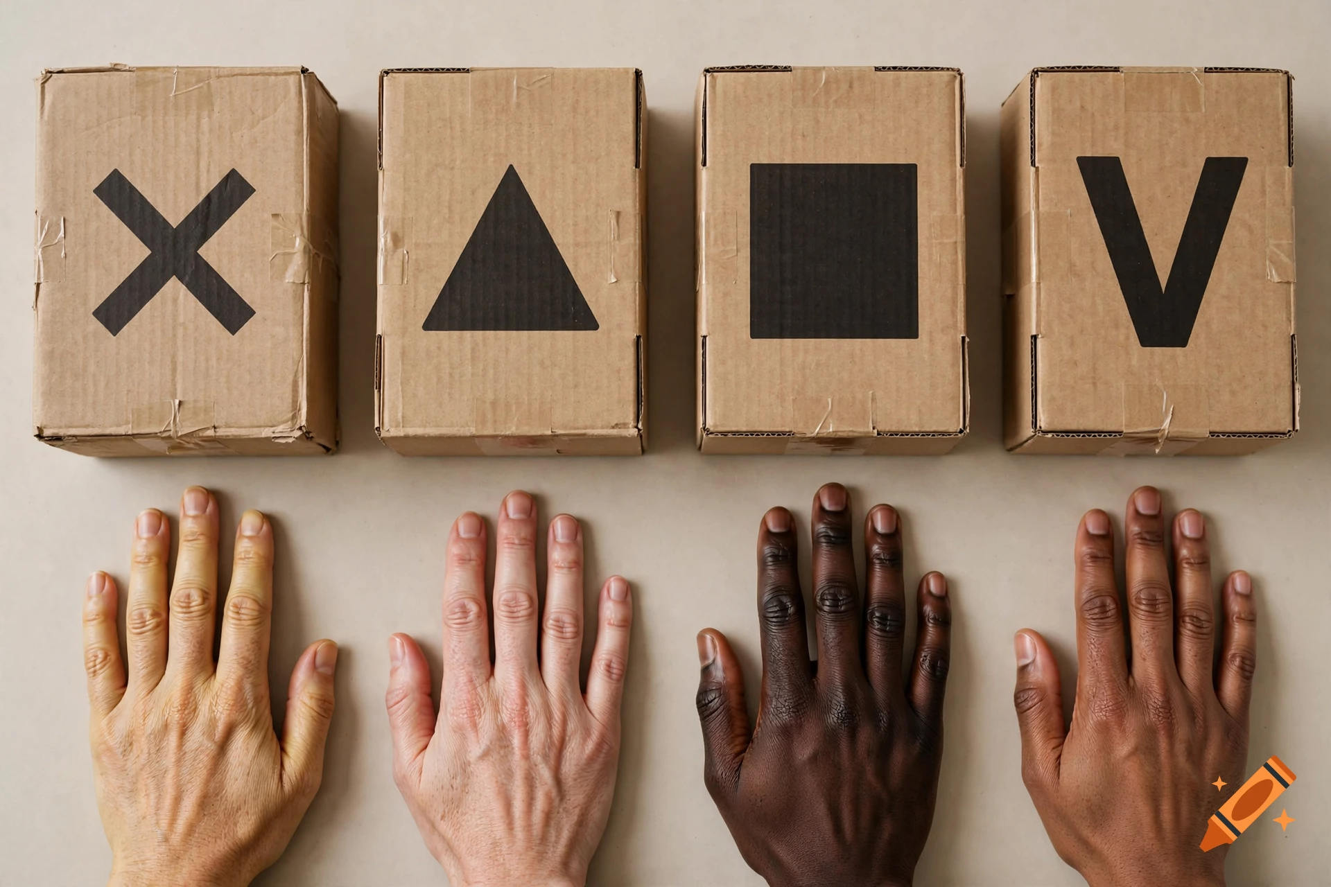 Four cardboard boxes featuring shapes and letters, arranged above four human hands with diverse skin tones.