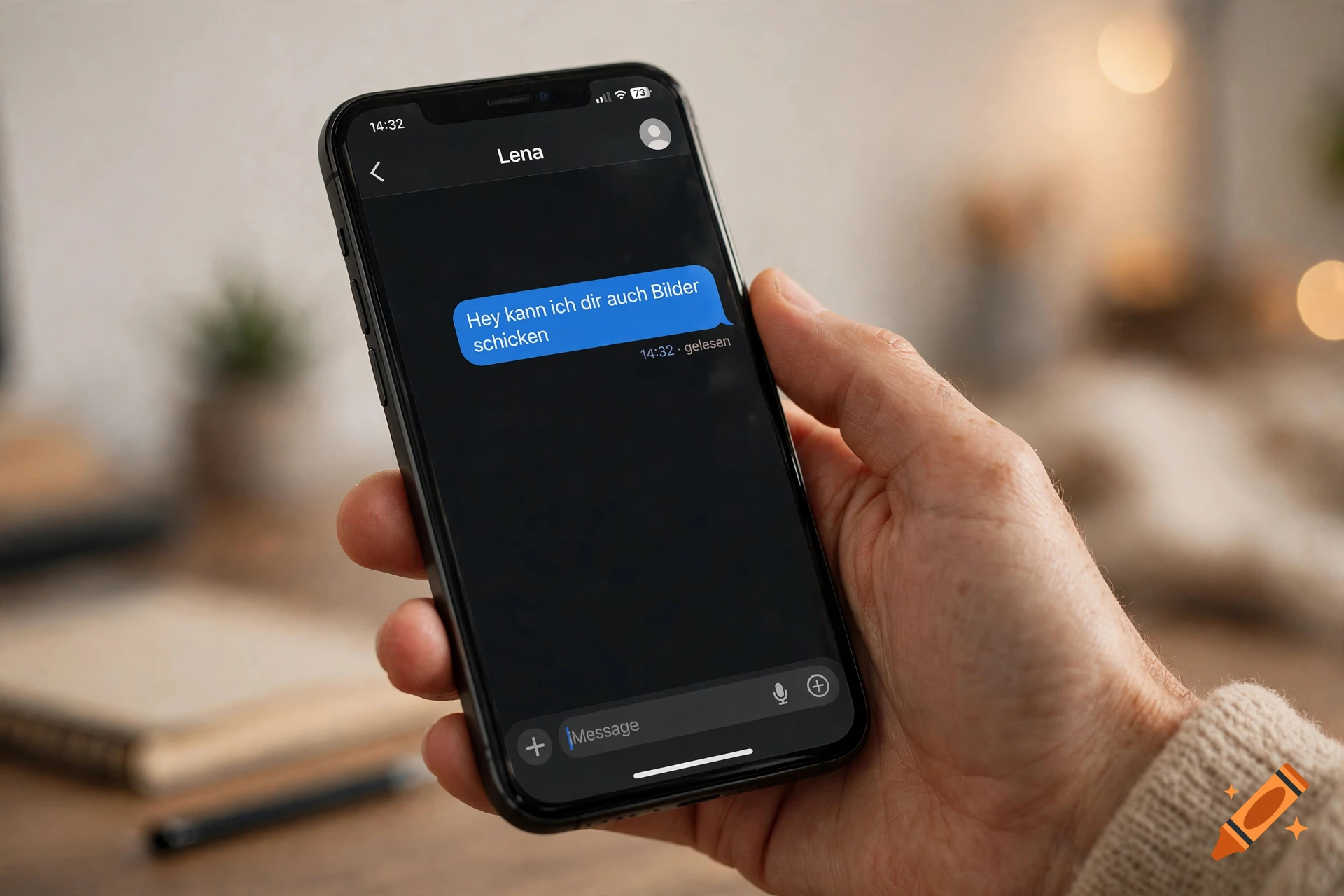 Close-up of a person holding a smartphone showing a messaging app with text on a dark background, photorealistic style.