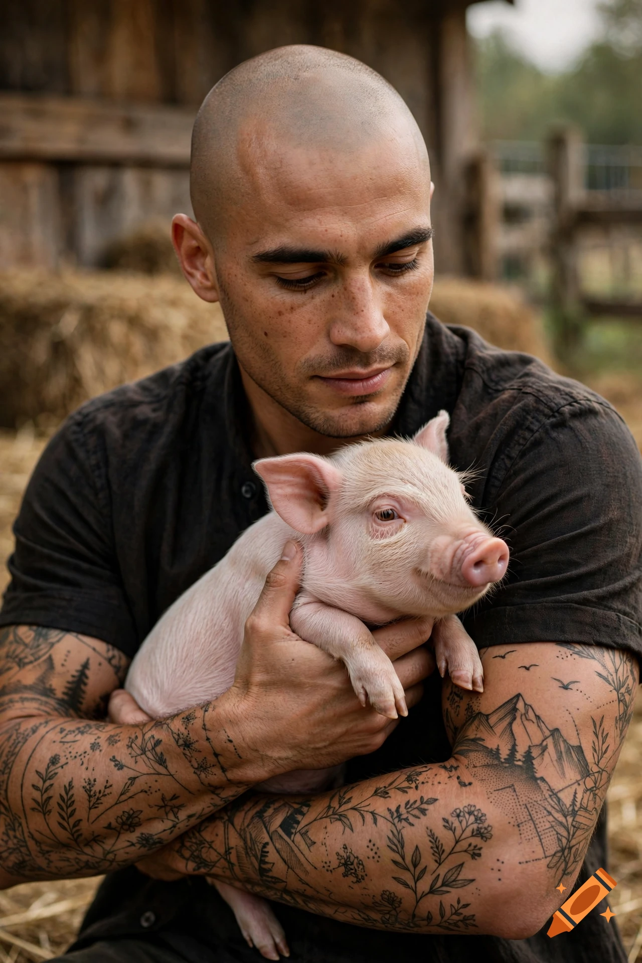 Photorealistic close-up of a bald, tattooed man tenderly holding a small piglet on a farm.