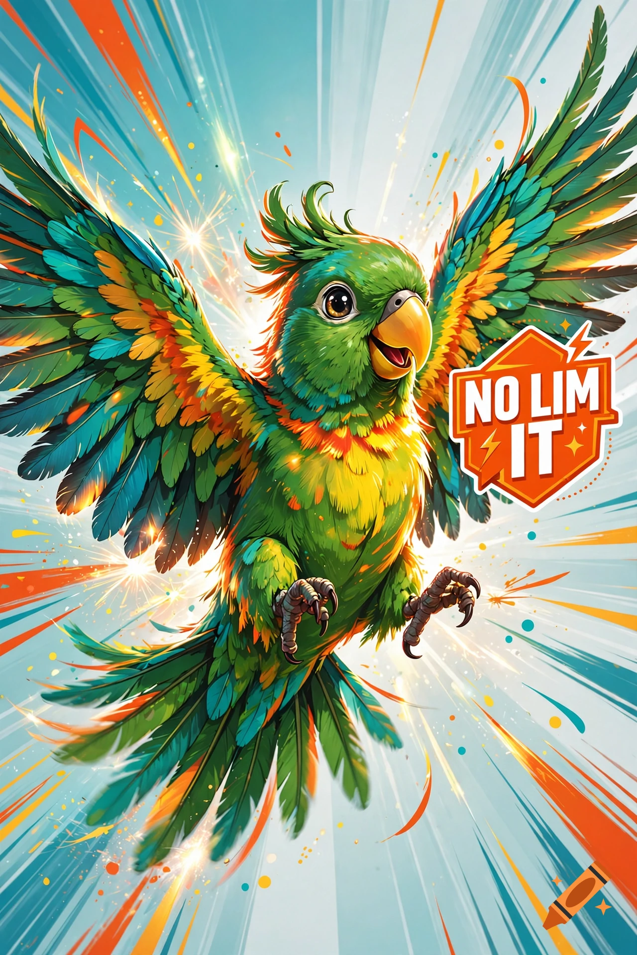 Vibrant cartoon green parrot flying with wings spread, featuring an orange logo and dynamic background rays.