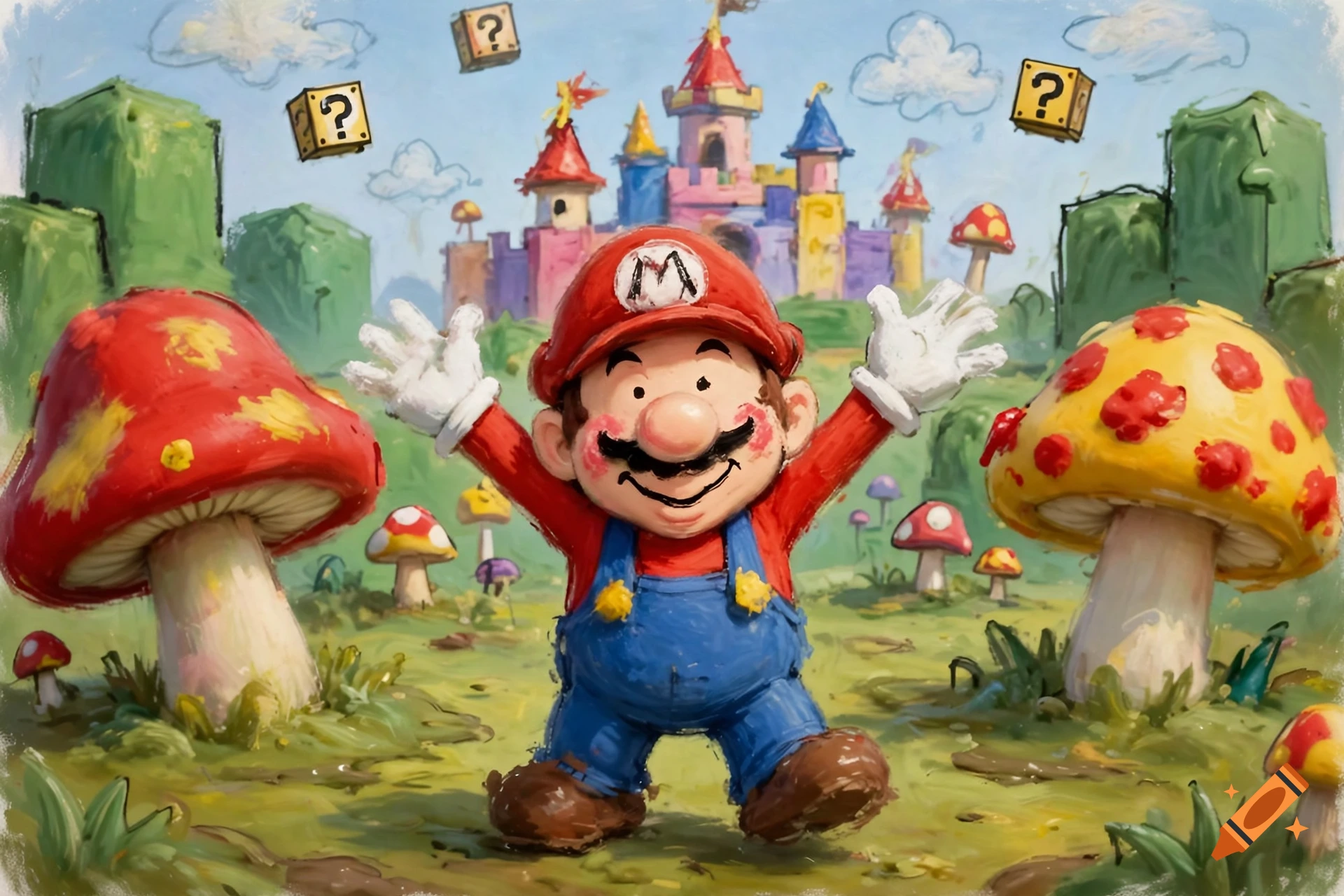 An oil painting style depiction of Super Mario with a castle and mushrooms in the background.