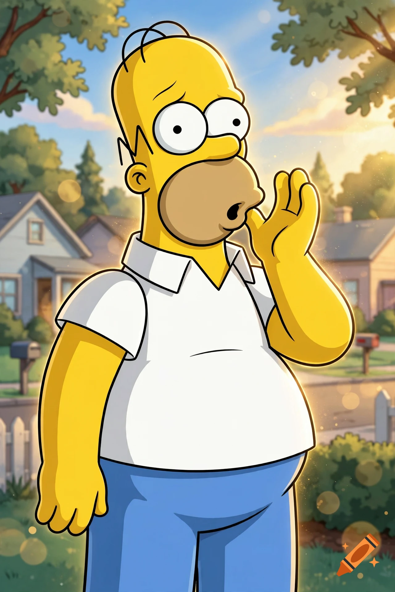 Homer Simpson in a white shirt and blue pants standing outside in a suburban neighborhood, digital animation style.