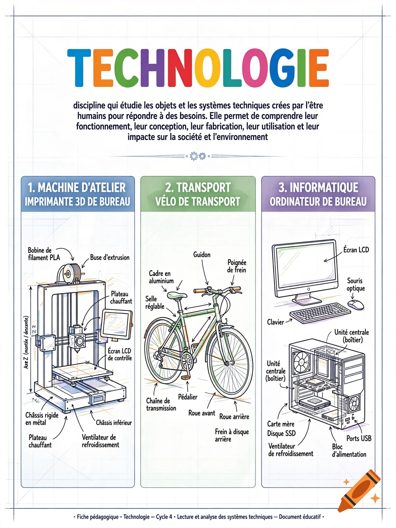 Educational French infographic titled TECHNOLOGIE featuring a 3D printer, a bicycle, and a computer with technical labels in a blueprint style.