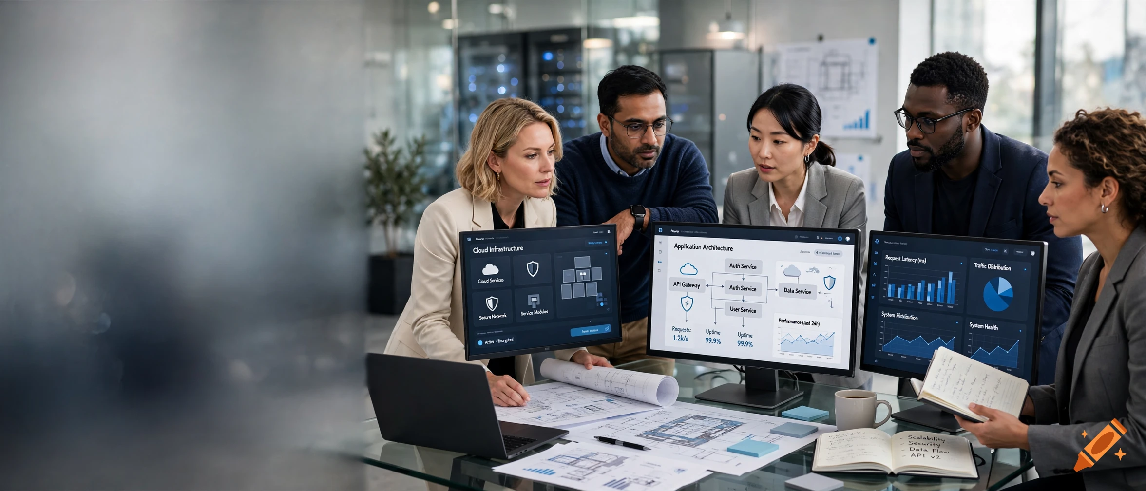 Photorealistic image of a diverse team of professionals collaborating around a table with monitors displaying data dashboards.